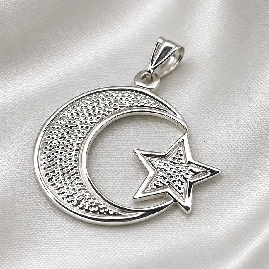Sterling Silver Crescent Moon Star Pendant Necklace, Islamic Jewelry