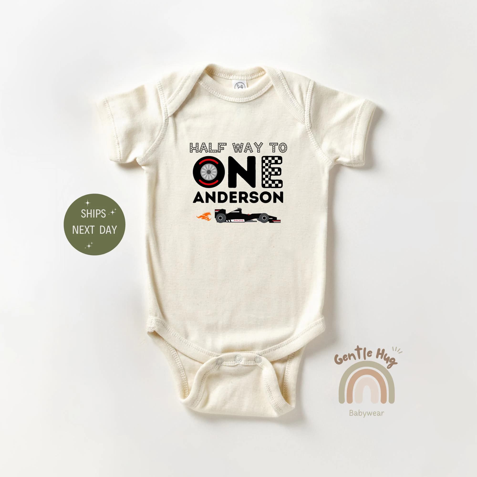 Custom First Birthday F1 Racecar Bodysuit, Personalized Baby Name Bodysuit, Little F1 Racer Half Way To One Outfit, 1st Birthday Baby Gift