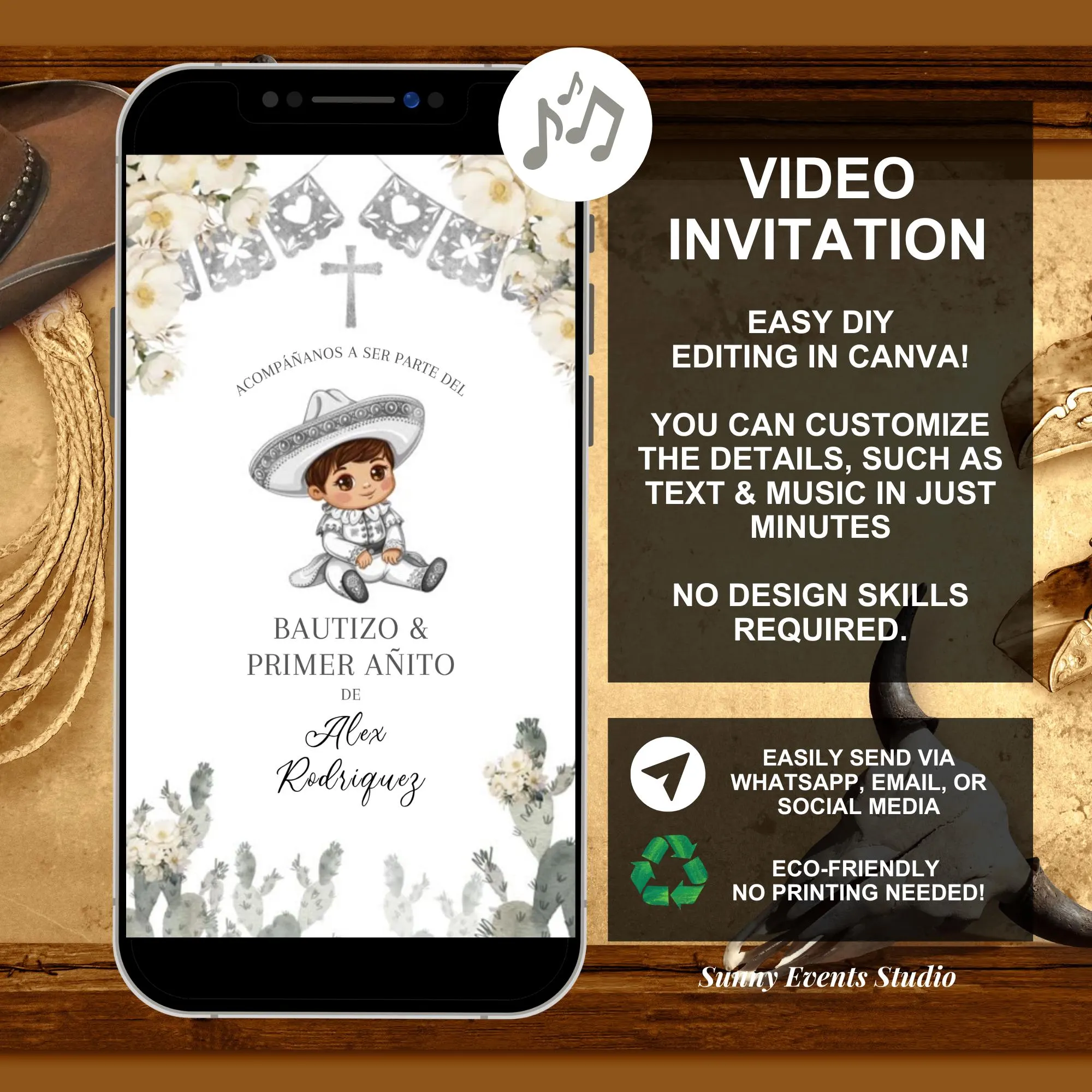 Mexican Charro Cactus Baptism and First Birthday Video Invitation, Invitación de bautizo y primer añito, Baptism and Birthday Animated C125 - image 3