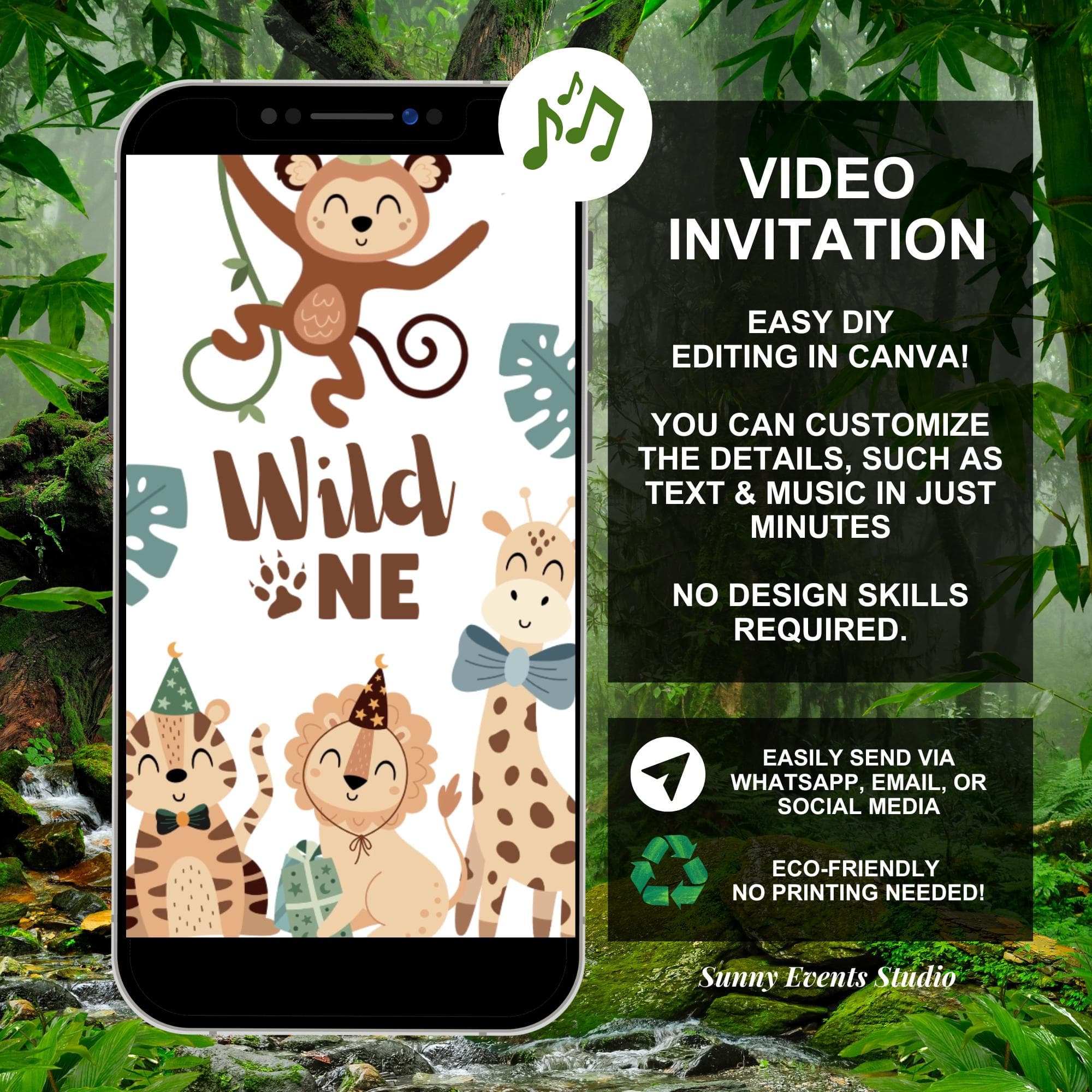 Safari Animals Leopard Pattern Birthday Invitation, Wild One Boy 1st Birthday Invite, Canva Editable Wild Animals Birthday Animation C219 - image 3