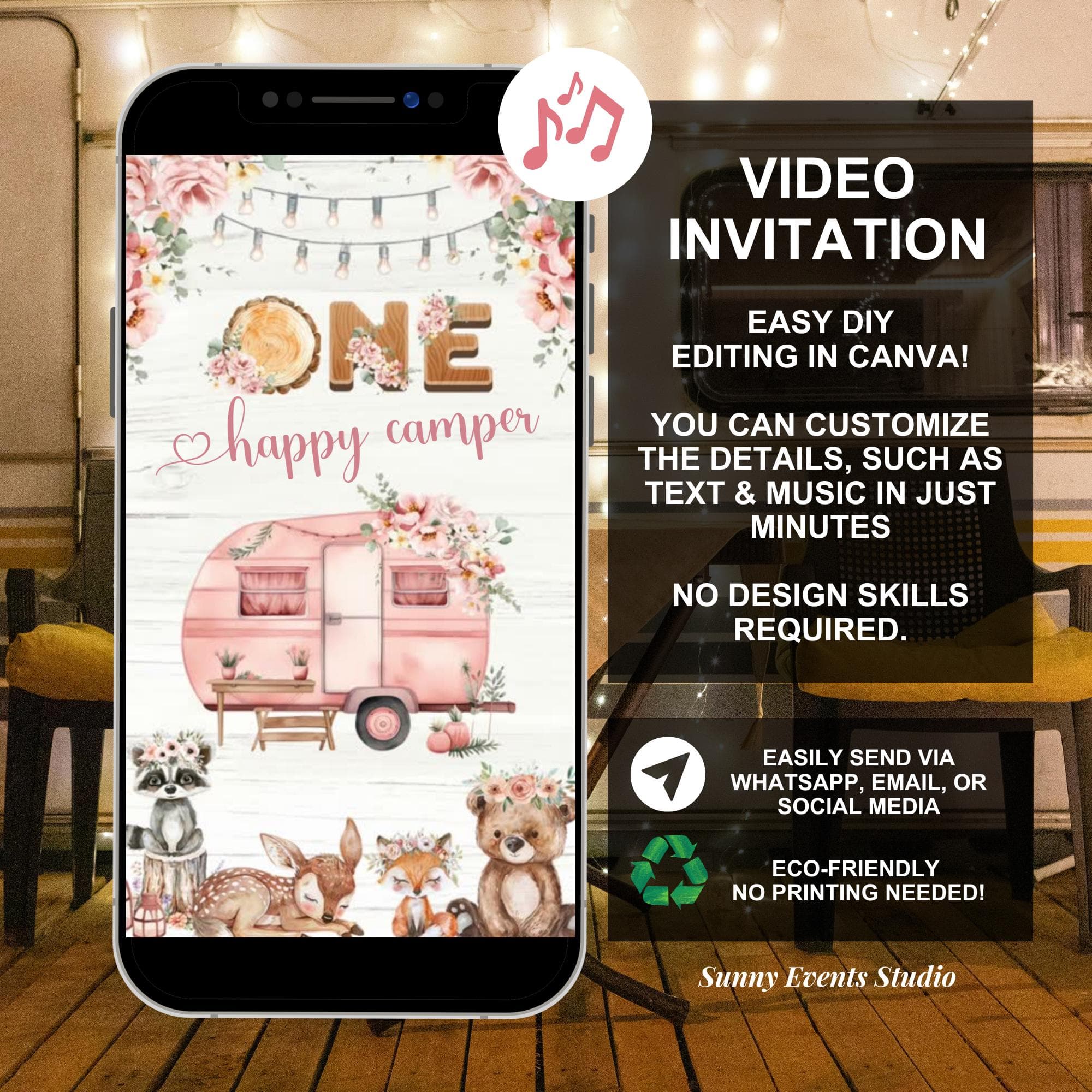 One happy camper pink girl's birthday video invitation, boho fall girl camping 1st birthday party, rustic woodland Animated birthday C34 - image 3