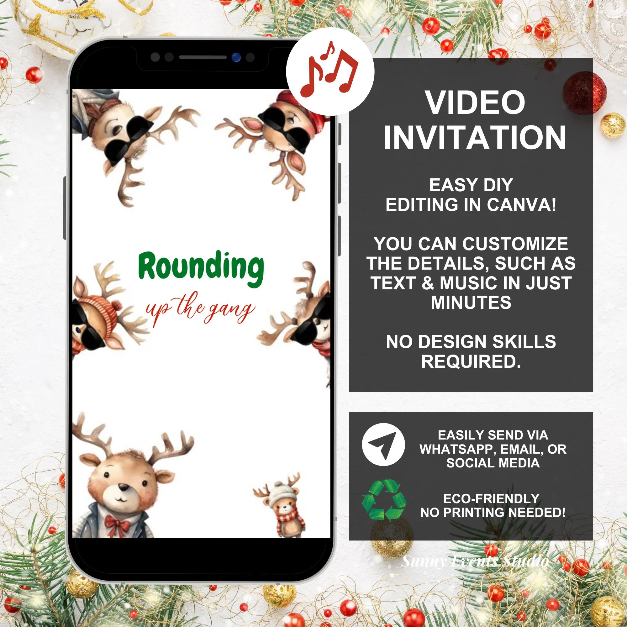 Rounding Up The Gang Reindeer Christmas Party Invite, Merry Little Christmas Holiday Party, Canva Fun Deer Holiday Party Animation CS5 - image 3