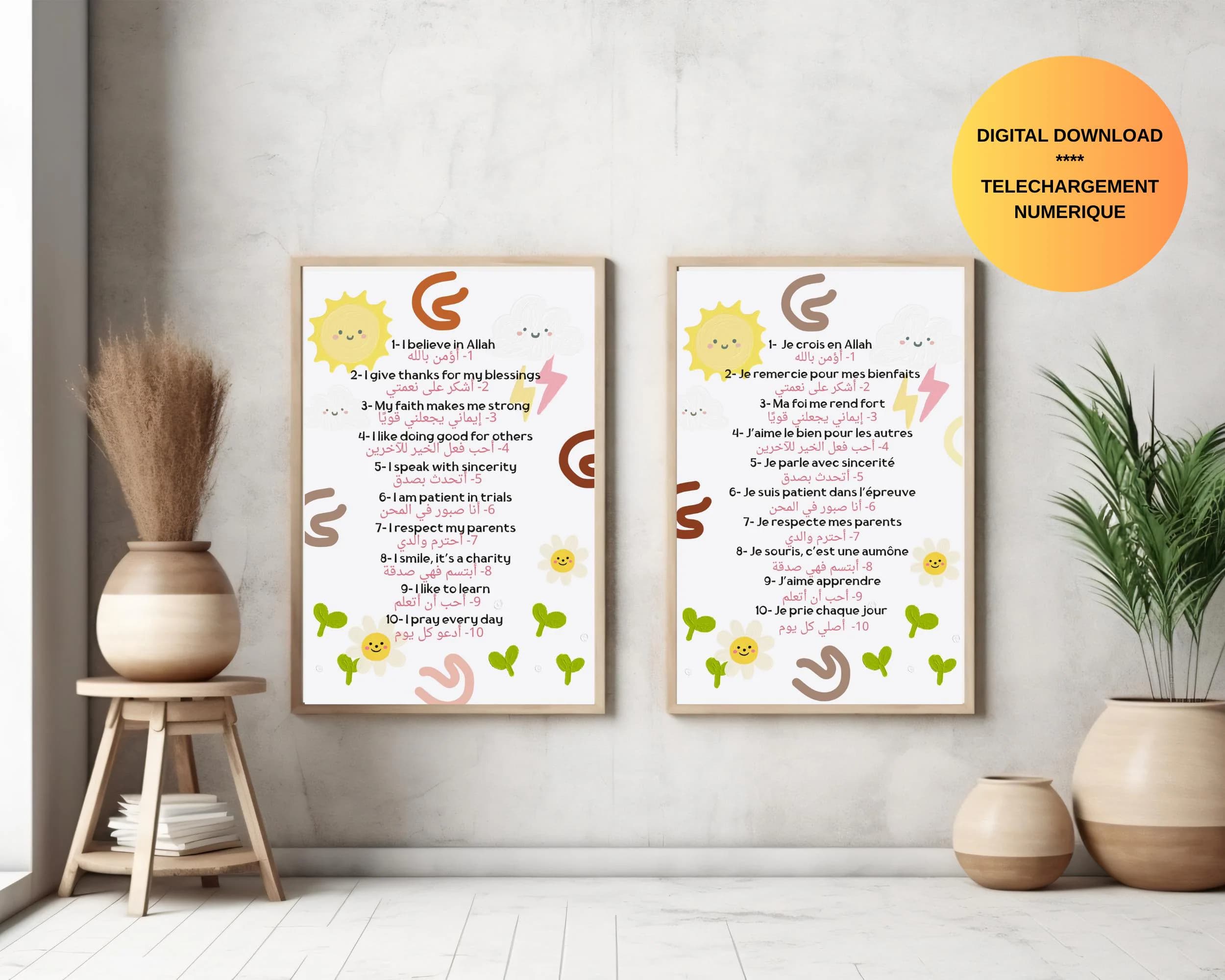 Affiche éducative islamique pour enfants – 10 affirmations quotidiennes en arabe, français et anglais - image 5