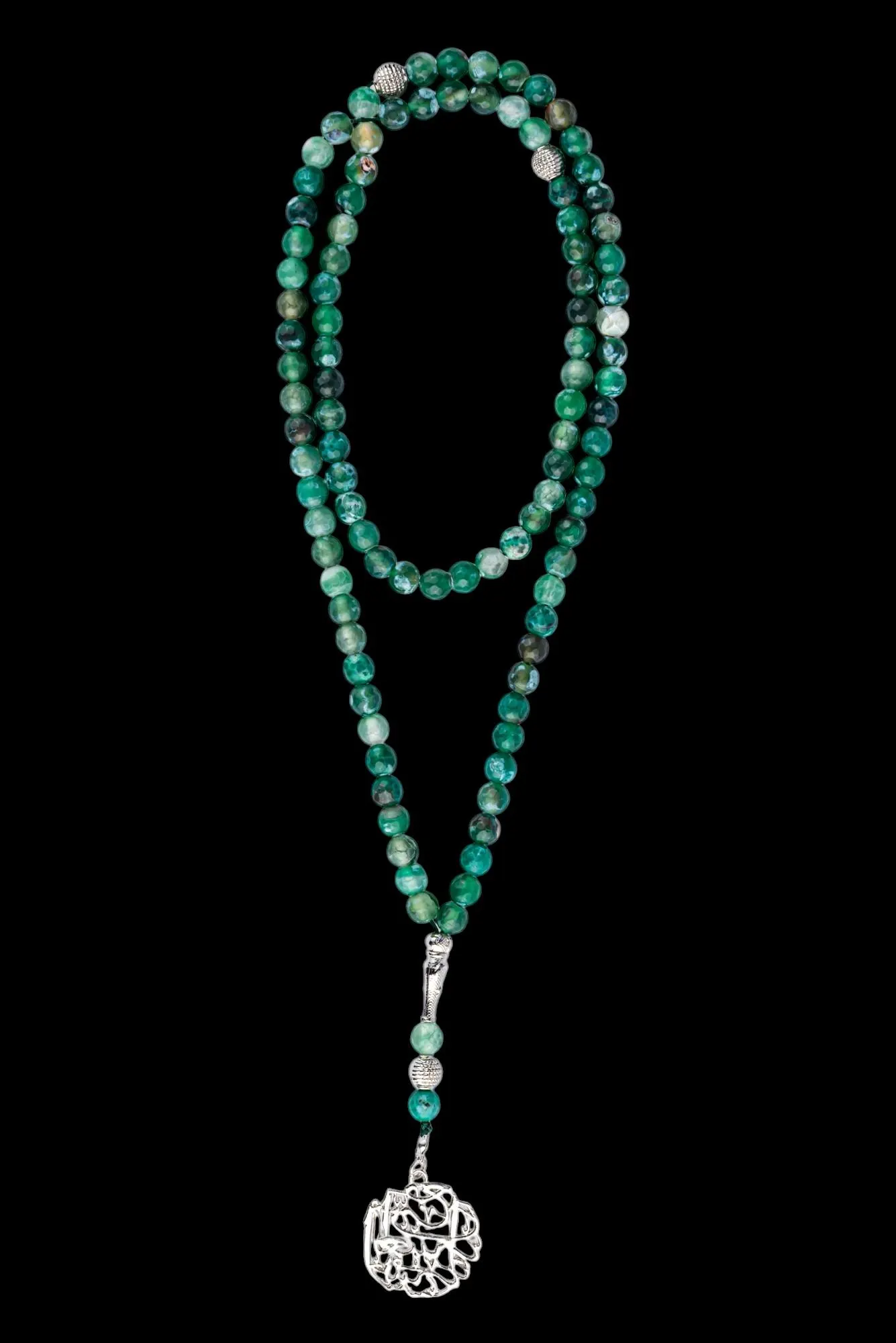 Green Aqeeq Agate Tasbeeh; 99 Count Islamic Misbaha; Silver-Plated Pendant; Dhikr Prayer Beads; Ramadan Eid Gift; Muslim Gift