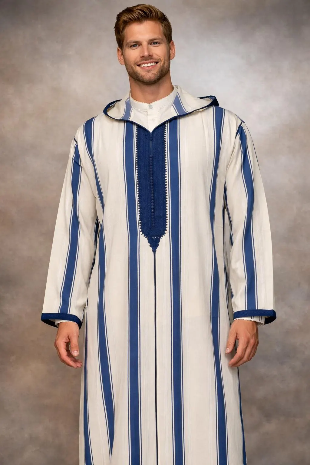 Moroccan Djellaba Men White Blue | Traditional Kaftan Robe | Eid 2026 Outfit | Islamic Clothing