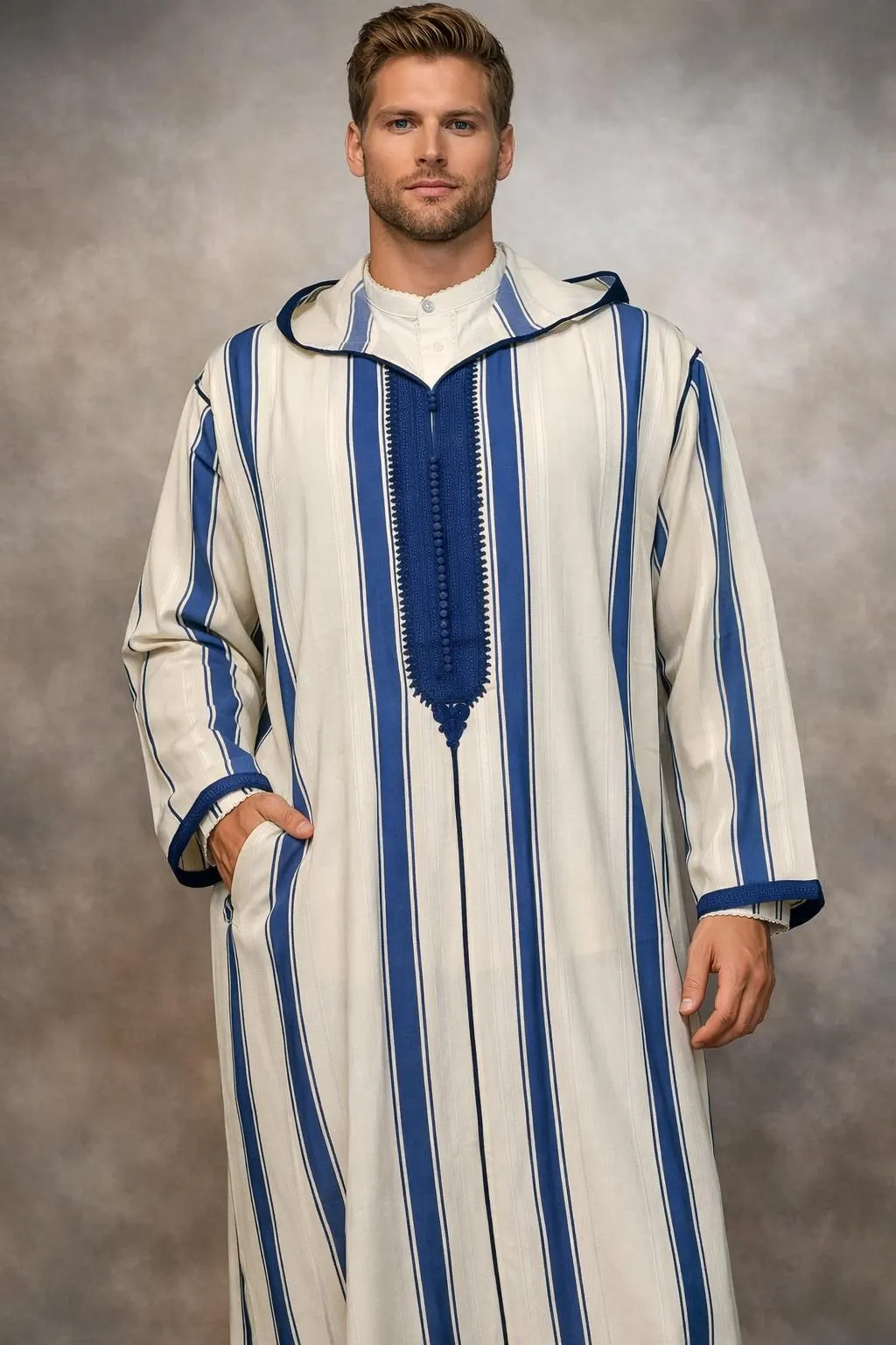 This elegant handmade Muslim thobe is crafted from breathable linen, perfect for warm weather and daily wear. Designed as a linen djellaba, this men's djellaba features clean lines and subtle detailing that honors traditional djellaba heritage. The muslim long kurta silhouette provides comfortable coverage while maintaining a polished appearance. Ideal as a prayer jubbah for mosque attendance or as mens thobe for casual occasions