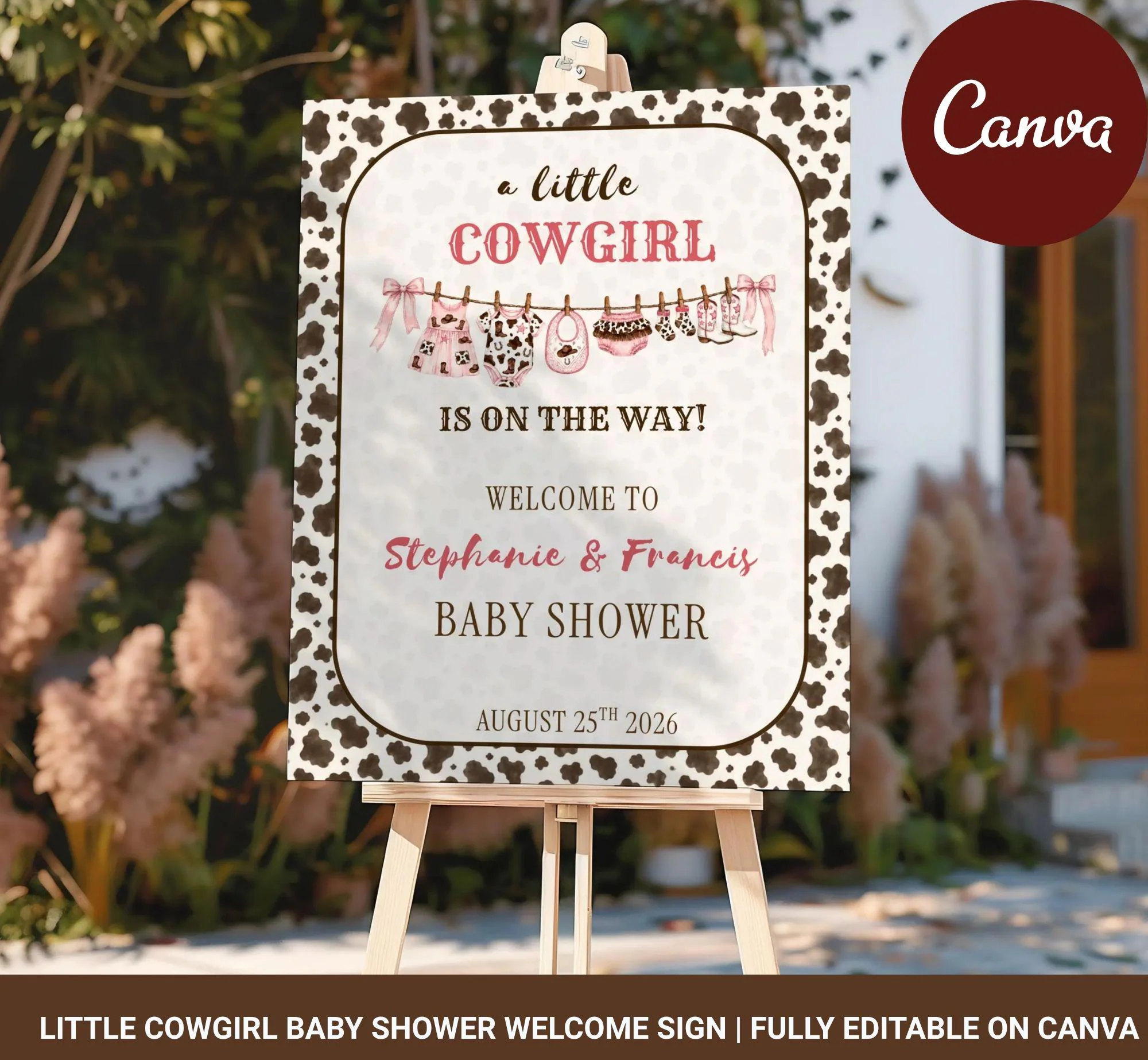 Cowgirl Baby Shower Welcome Sign, Editable Little Cowgirl Is On The Way Poster, Western Baby Girl Decor (Digital Download, Canva Template)