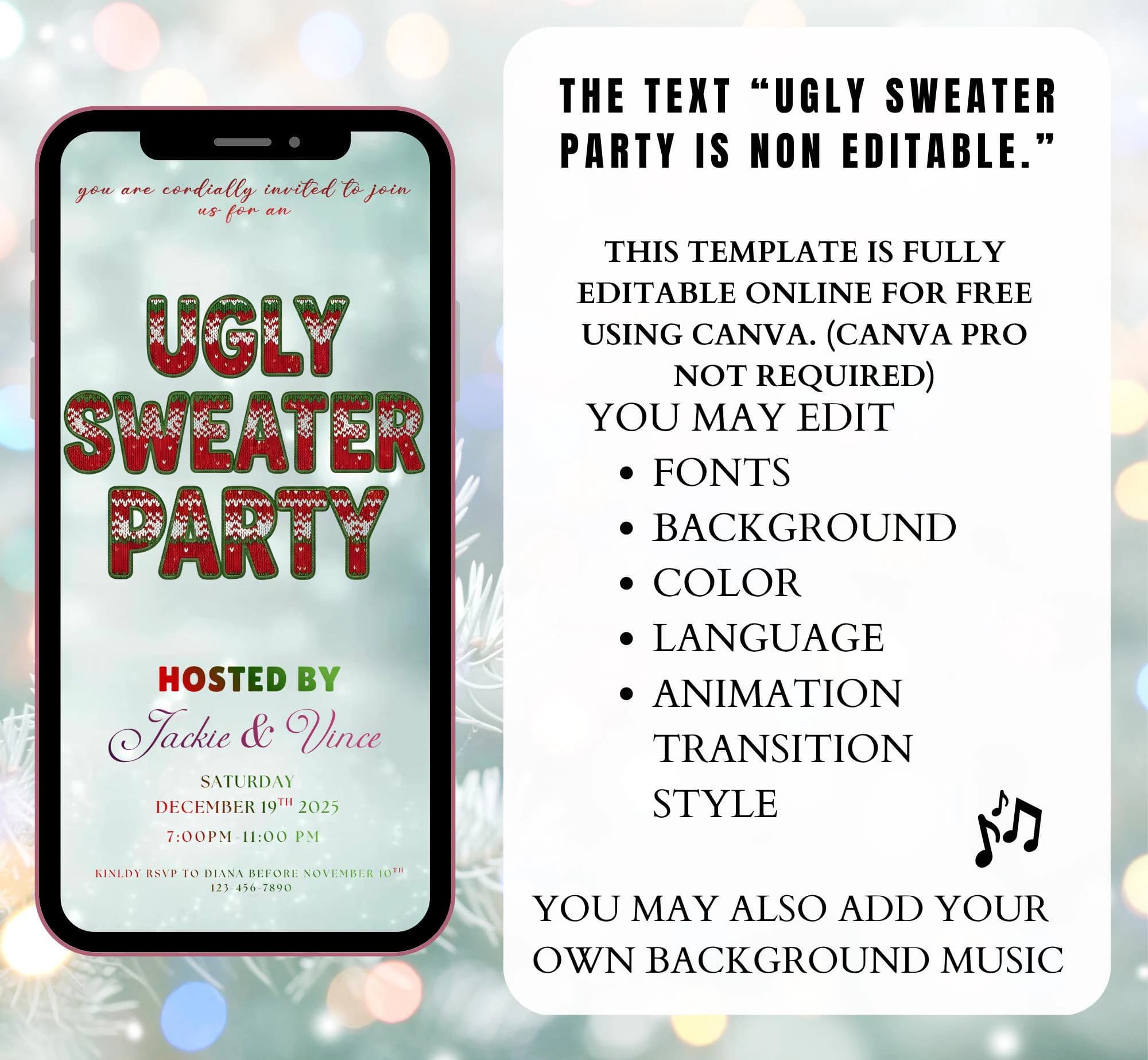 Digital Ugly Sweater Christmas Party Invitation, Editable Animated Friendmas Celebration Video Evite (Digital Download, Canva Template) - image 5