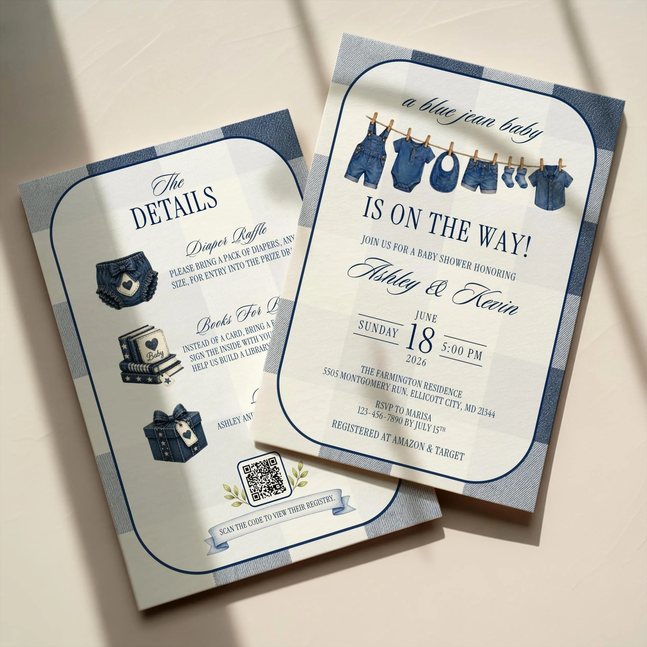 Blue Jean Baby Shower Invitation, Editable Denim Theme Baby Boy Shower Invite, Western Country Baby (Digital Download, Canva Template)