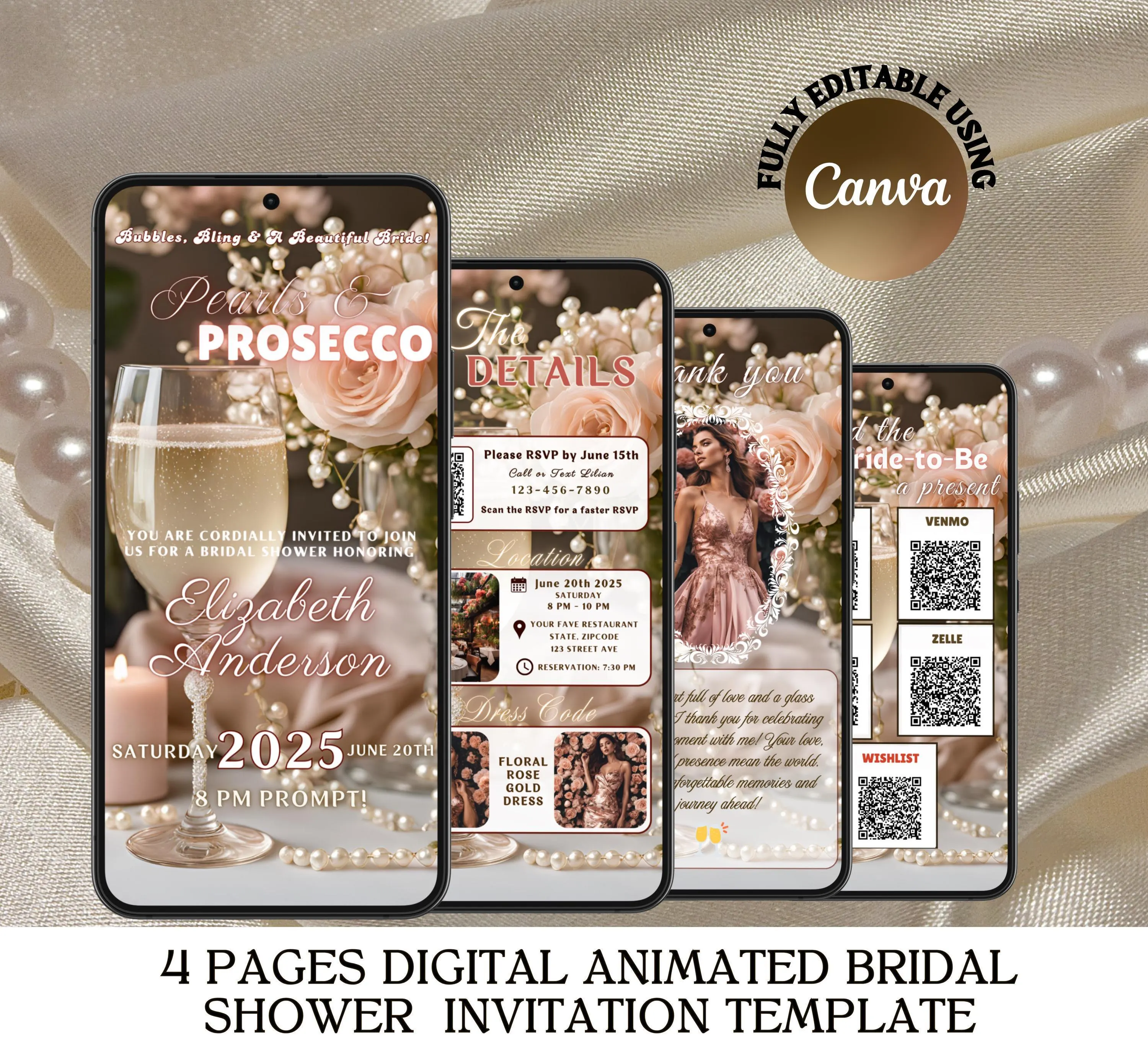 Digital Pearls and Prosecco Bridal Shower Invitation, Editable Animated Bridal Brunch Party Mobile Evite (Digital Download, Canva Template)