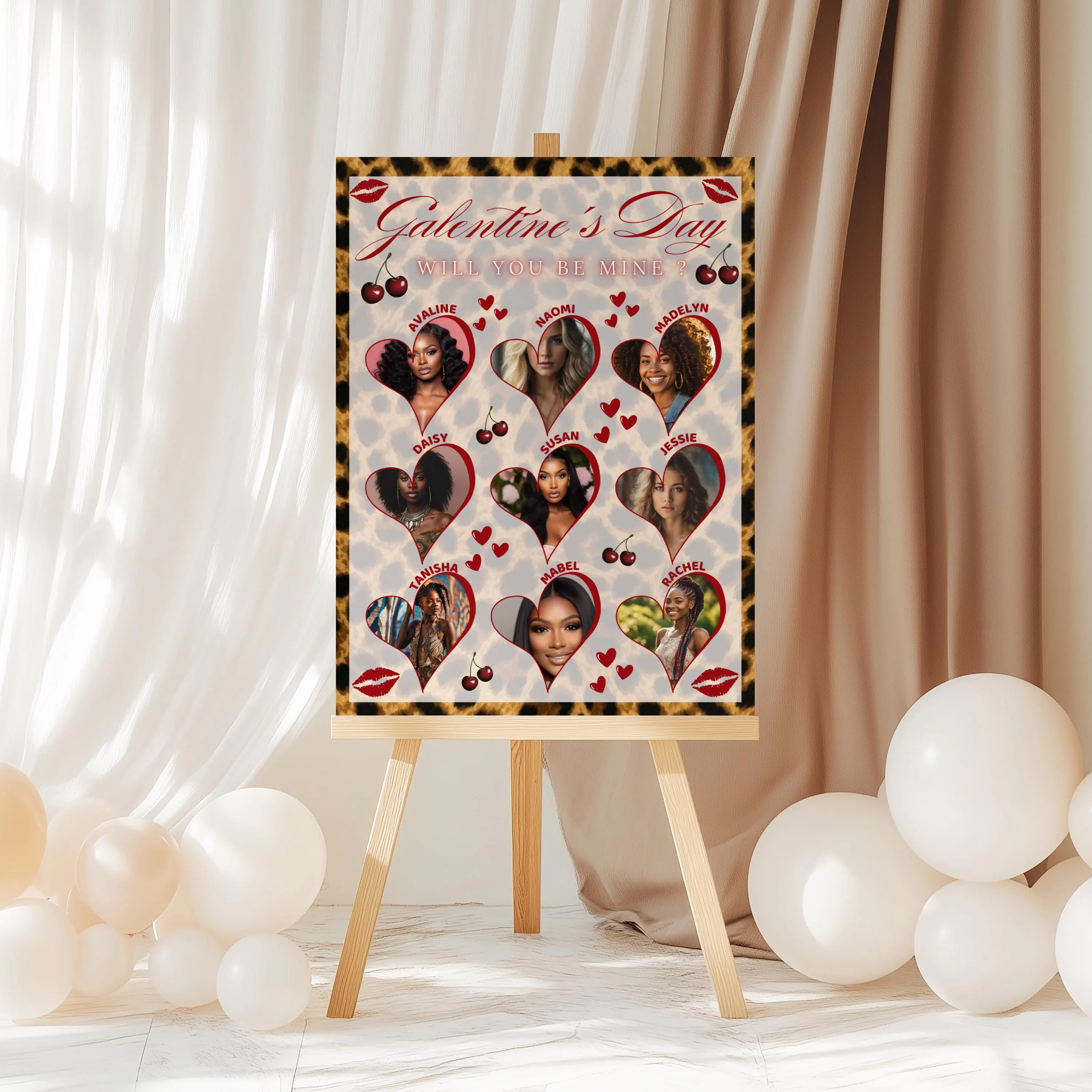 Cheetah Galentines Day Welcome Sign, Editable Cherry Theme Valentines Girls Night Party Poster (Canva Template, Digital Download)