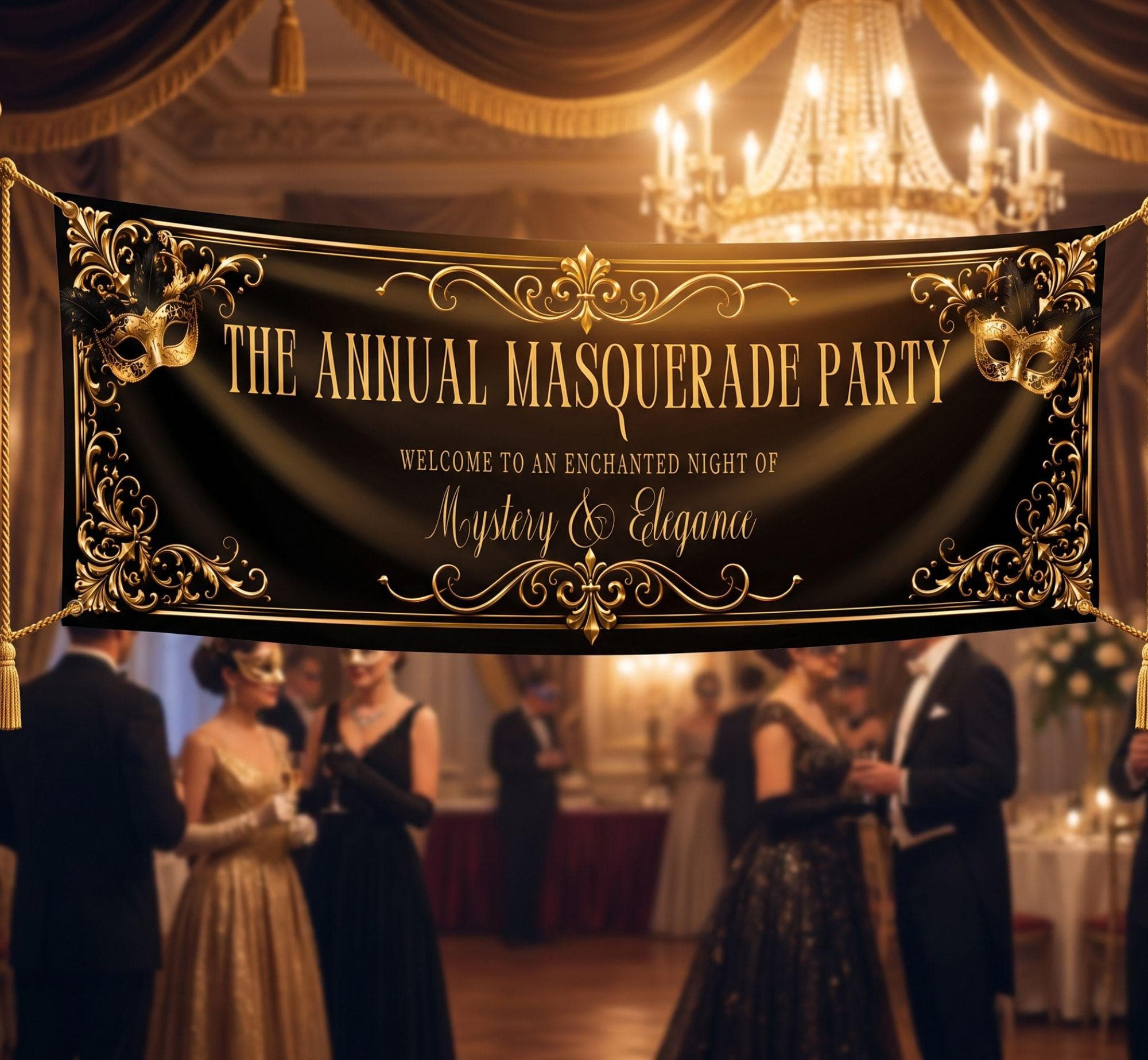 Masquerade Banner Template, Editable Halloween Masquerade Ball Decor, Elegant Black Gold Masquerade Banner (Digital Download, Canva - image 4