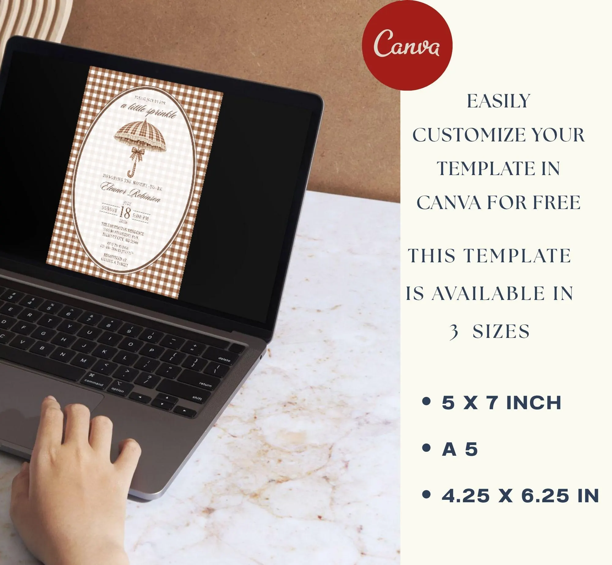 Brown Baby Sprinkle Invitation Template, Editable Gender Neutral Beige Gingham Little Sprinkle, Umbrella Theme (Digital Download, Canva) - image 4