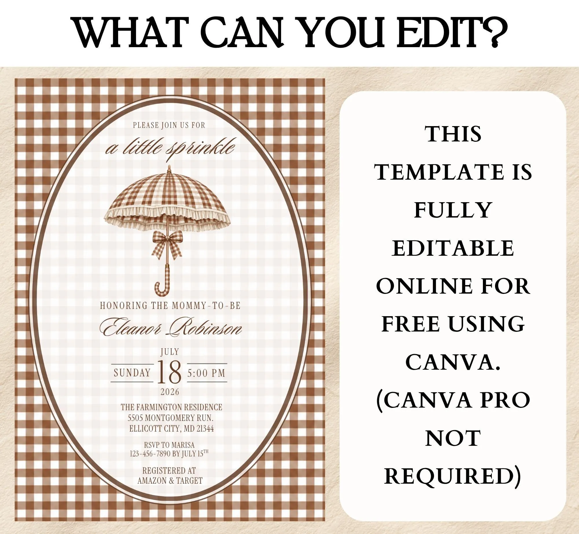 Brown Baby Sprinkle Invitation Template, Editable Gender Neutral Beige Gingham Little Sprinkle, Umbrella Theme (Digital Download, Canva) - image 5