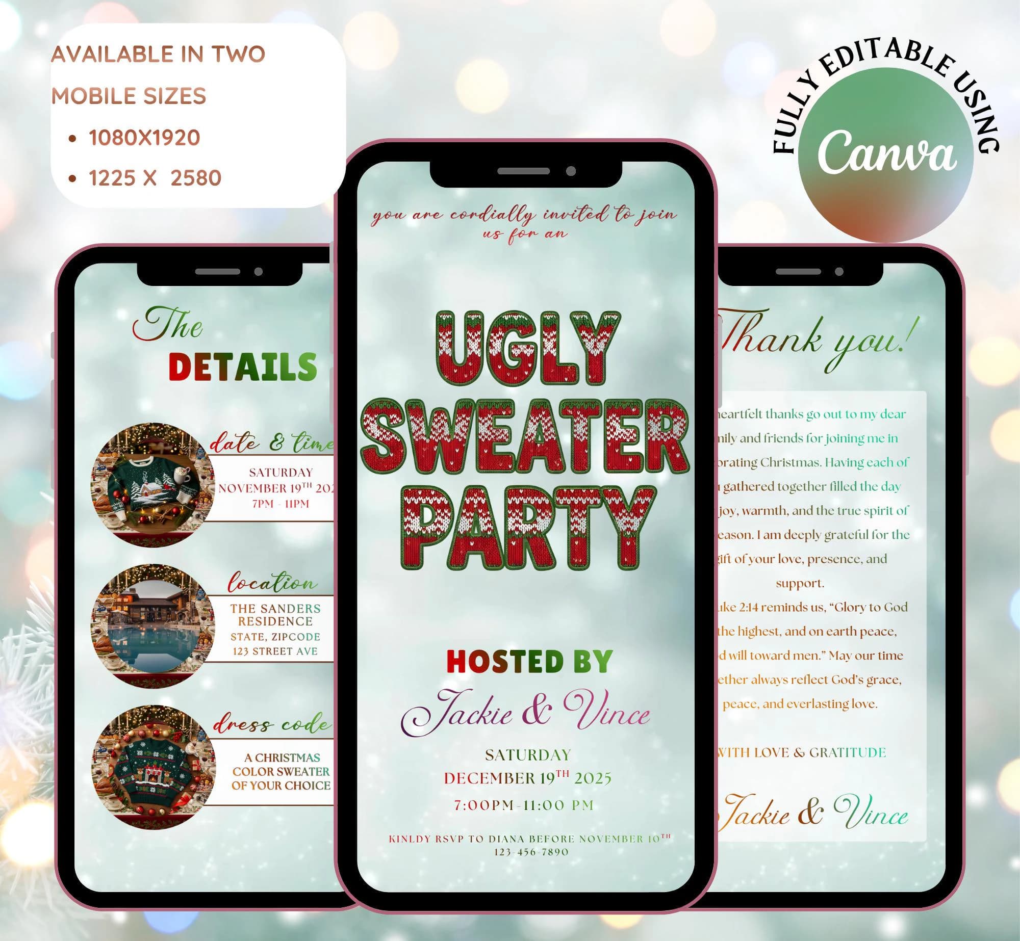 Digital Ugly Sweater Christmas Party Invitation, Editable Animated Friendmas Celebration Video Evite (Digital Download, Canva Template) - image 3