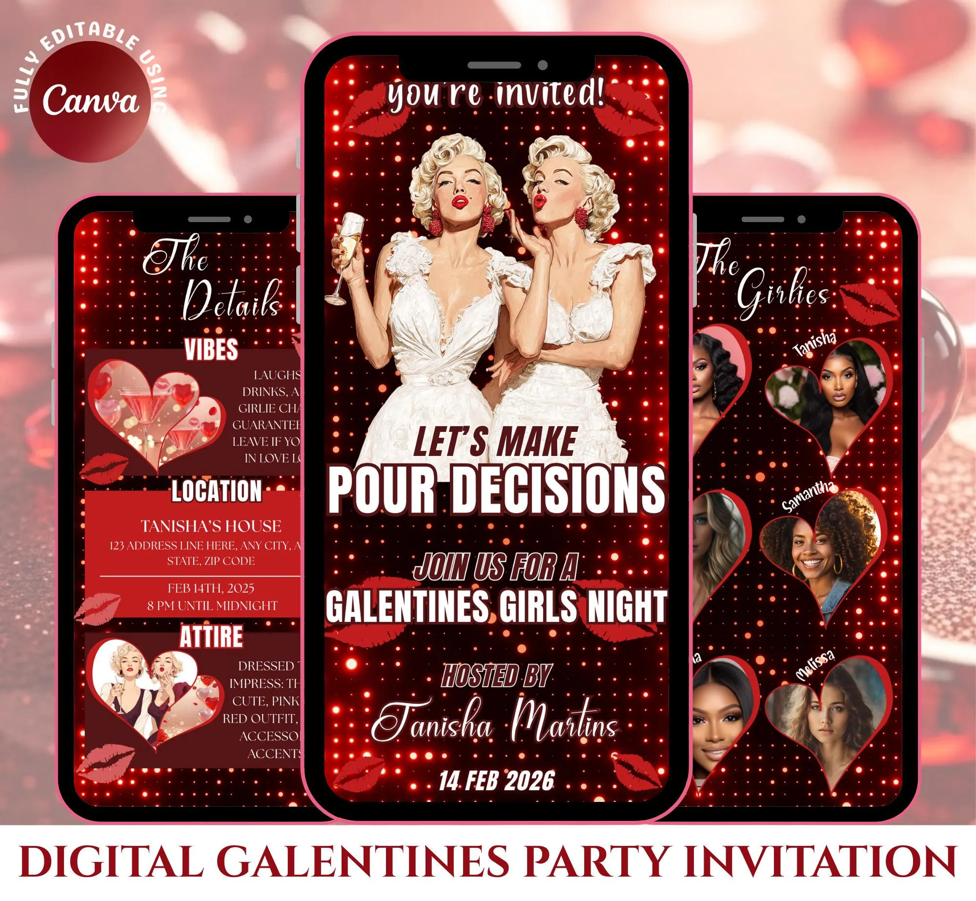 Digital Galentines Party Invitation, Editable Pour Decisions Girls Night Out Invite, Custom Animated Valentine Evite (Canva Template)