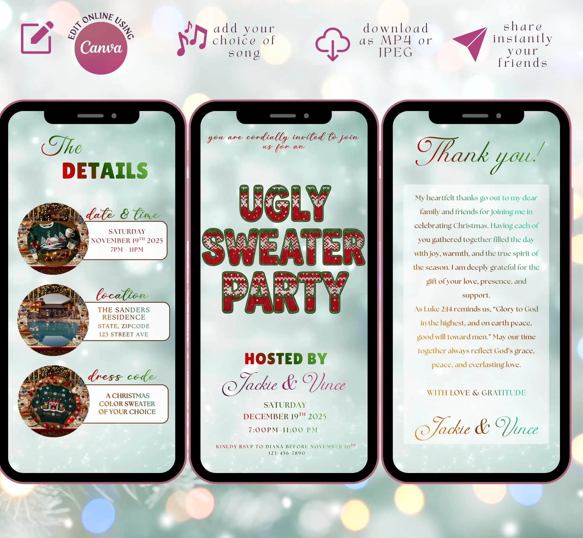 Digital Ugly Sweater Christmas Party Invitation, Editable Animated Friendmas Celebration Video Evite (Digital Download, Canva Template) - image 4
