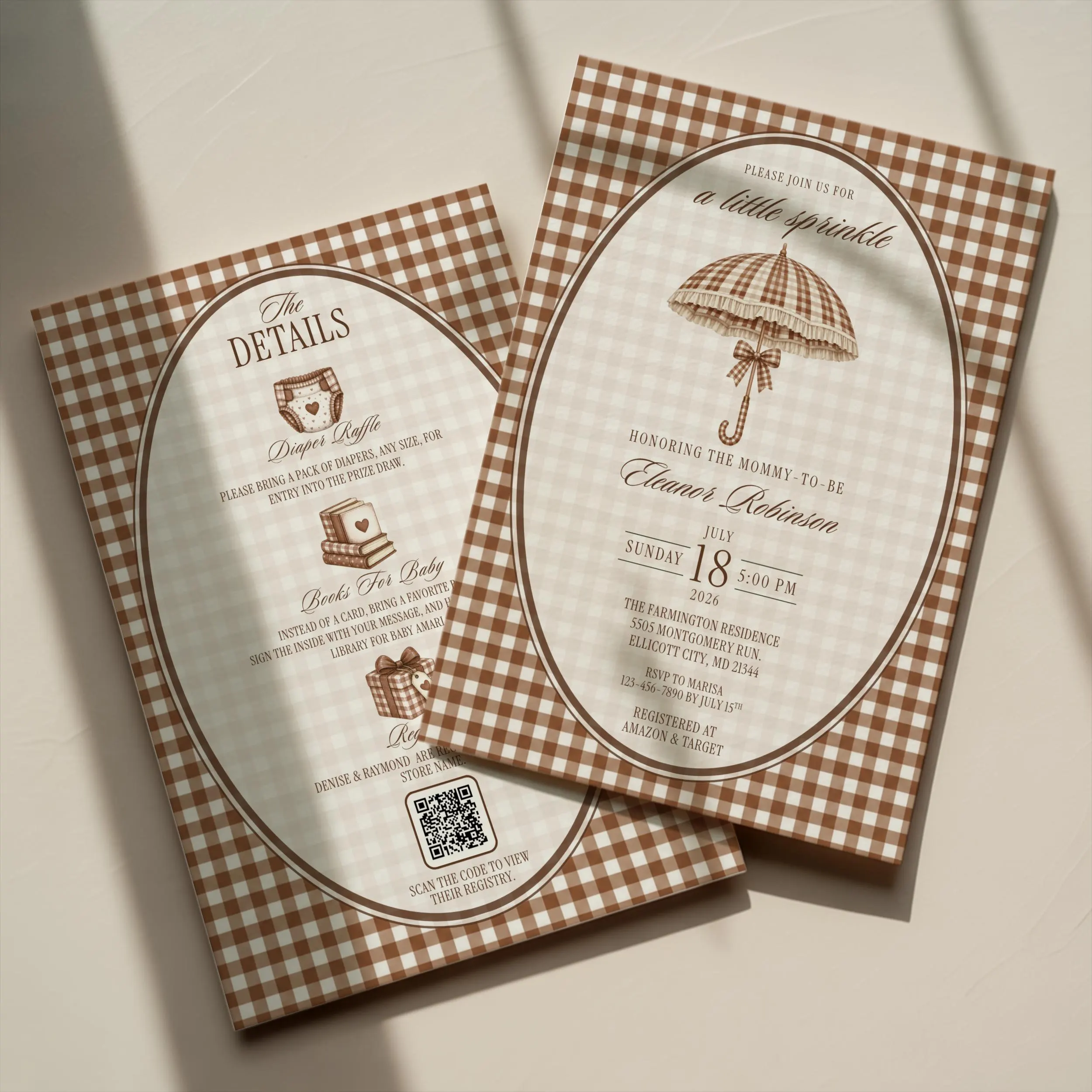 Brown Baby Sprinkle Invitation Template, Editable Gender Neutral Beige Gingham Little Sprinkle, Umbrella Theme (Digital Download, Canva)