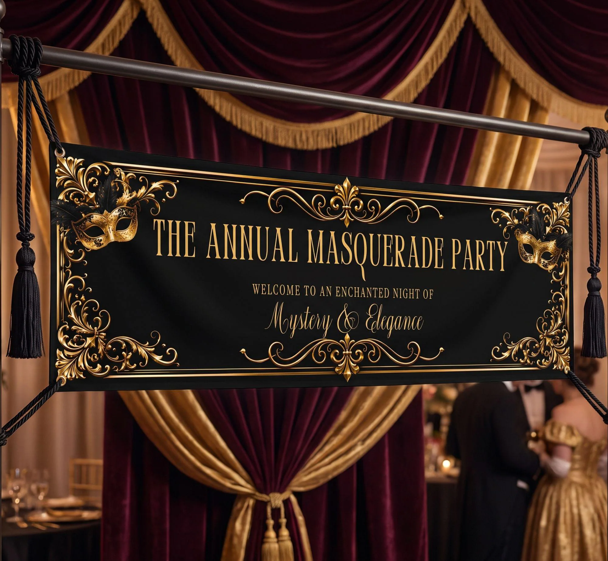 Masquerade Banner Template, Editable Halloween Masquerade Ball Decor, Elegant Black Gold Masquerade Banner (Digital Download, Canva - image 5