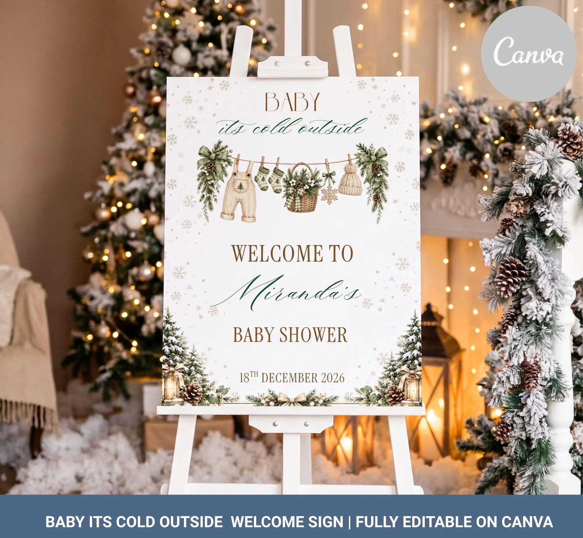 Baby It's Cold Outside Welcome Sign, Editable Christmas Baby Shower Poster, Winter Wonderland Signage (Digital Download, Canva Template)