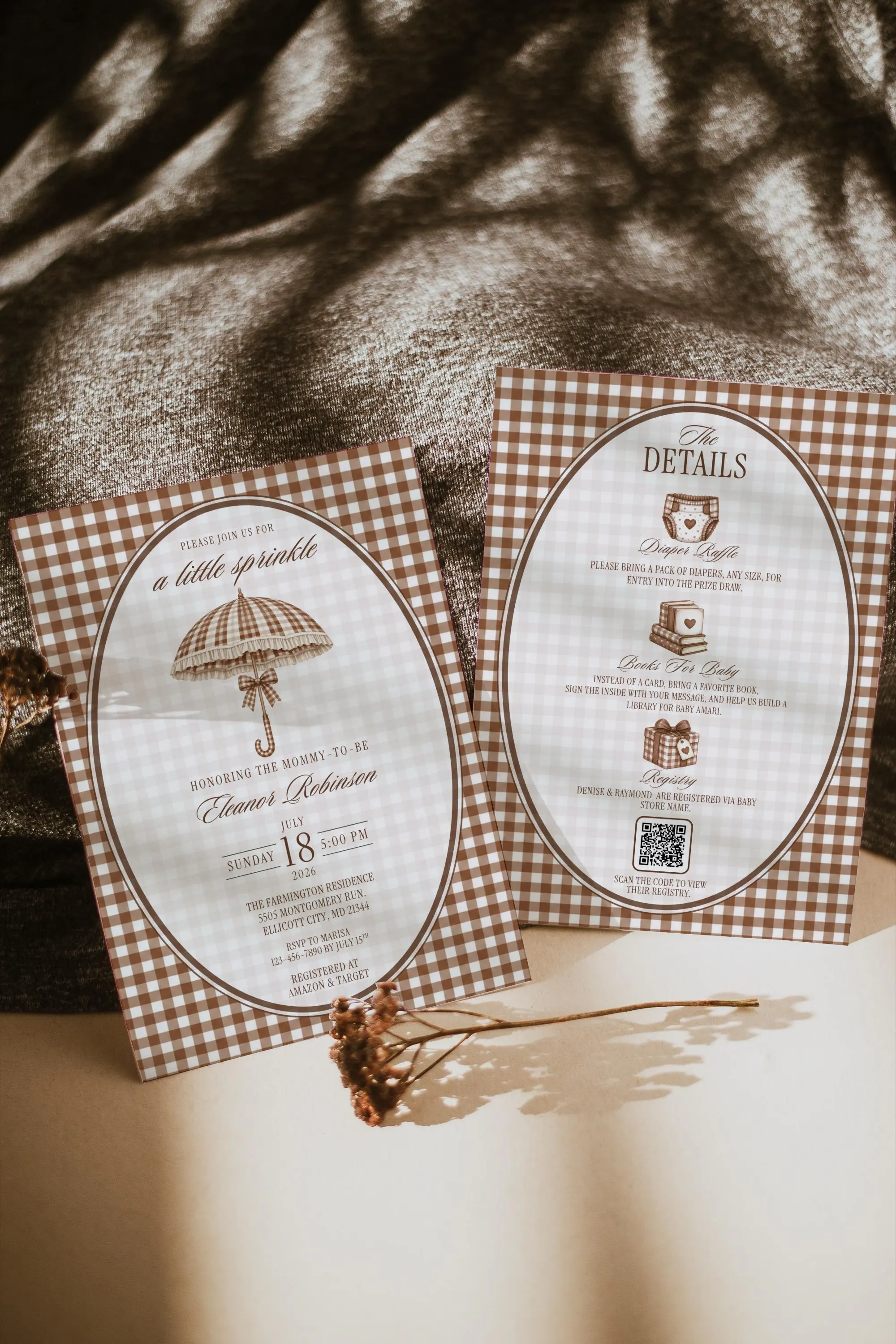 Brown Baby Sprinkle Invitation Template, Editable Gender Neutral Beige Gingham Little Sprinkle, Umbrella Theme (Digital Download, Canva) - image 3