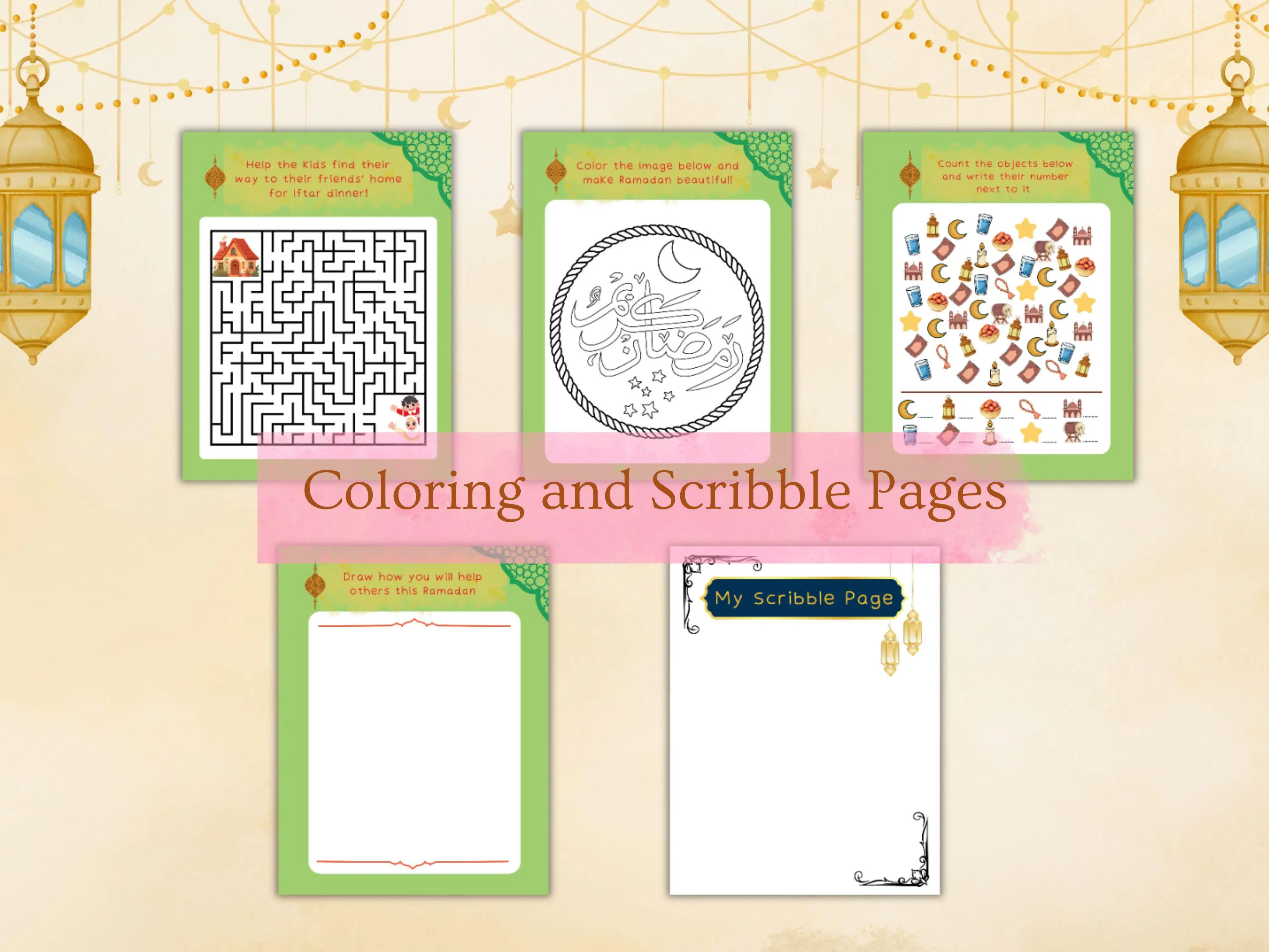 Ramadan activity book for kids printable PDF, Islamic worksheets and coloring pages for Ramadan learning and fun, digital download.