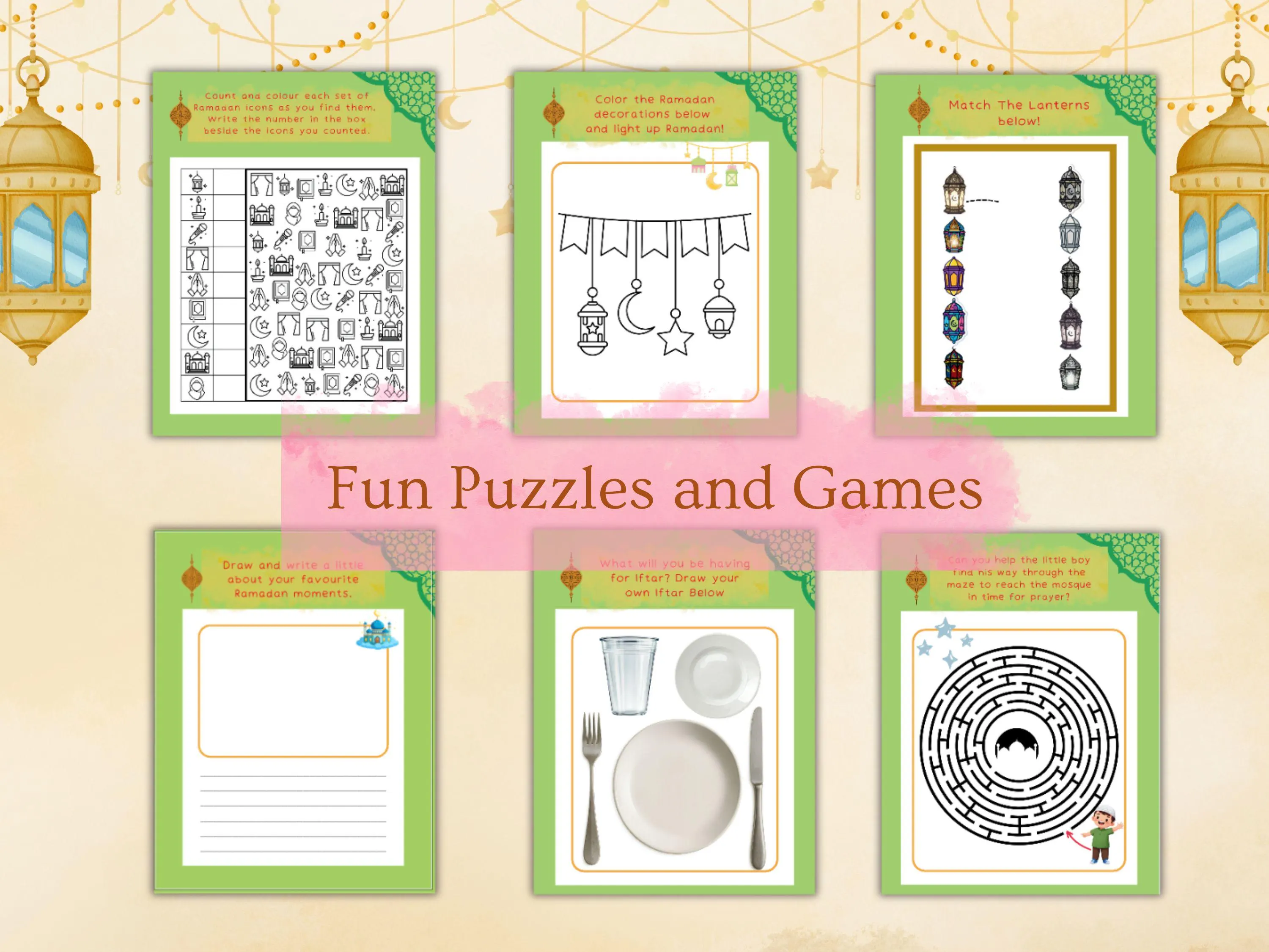 Ramadan activity book for kids printable PDF, Islamic worksheets and coloring pages for Ramadan learning and fun, digital download.