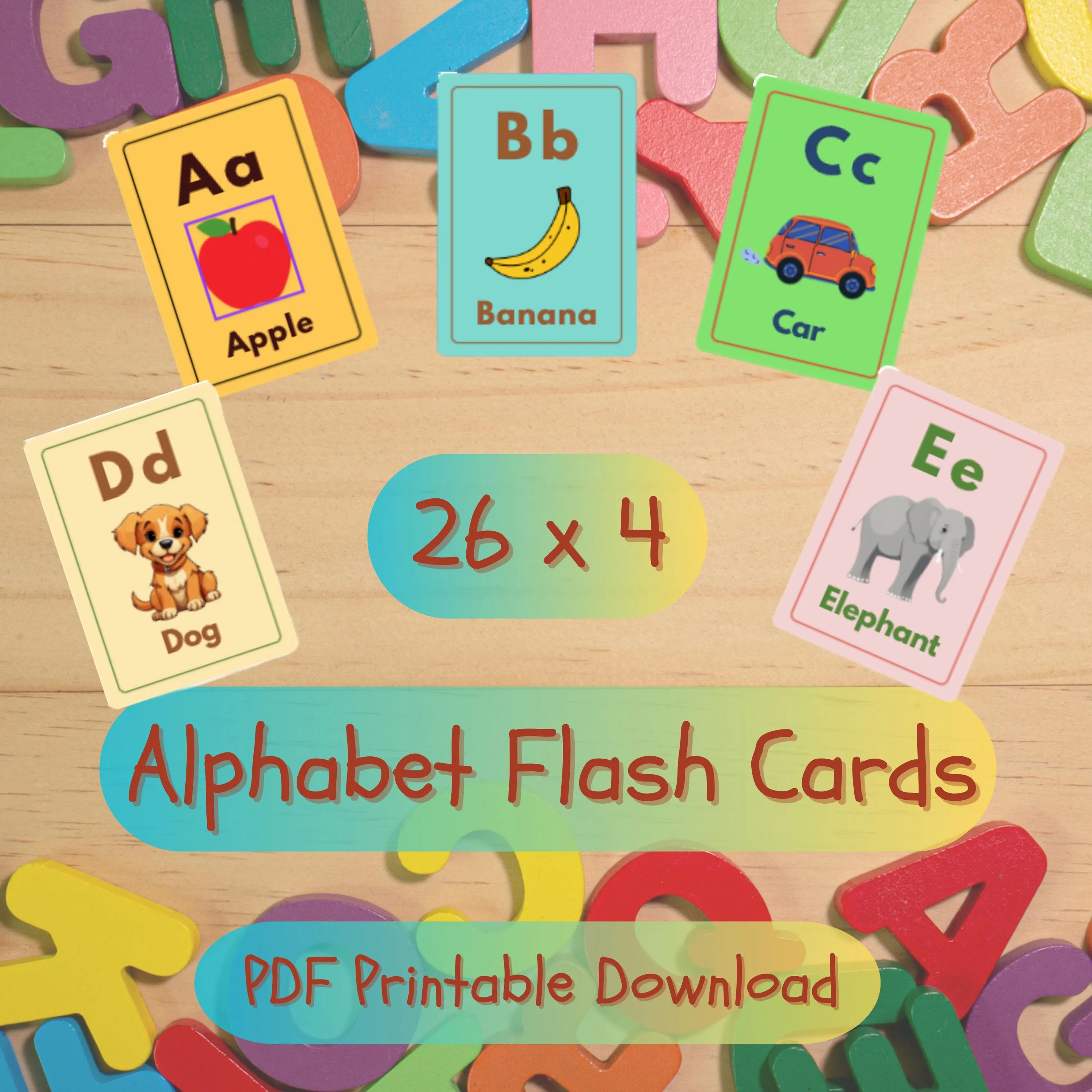 Kids Flashcard, Learning Flash Cards, Preschool Bundle, Colorful Alphabet FLashcards, 4 flash cards for each alphabet.