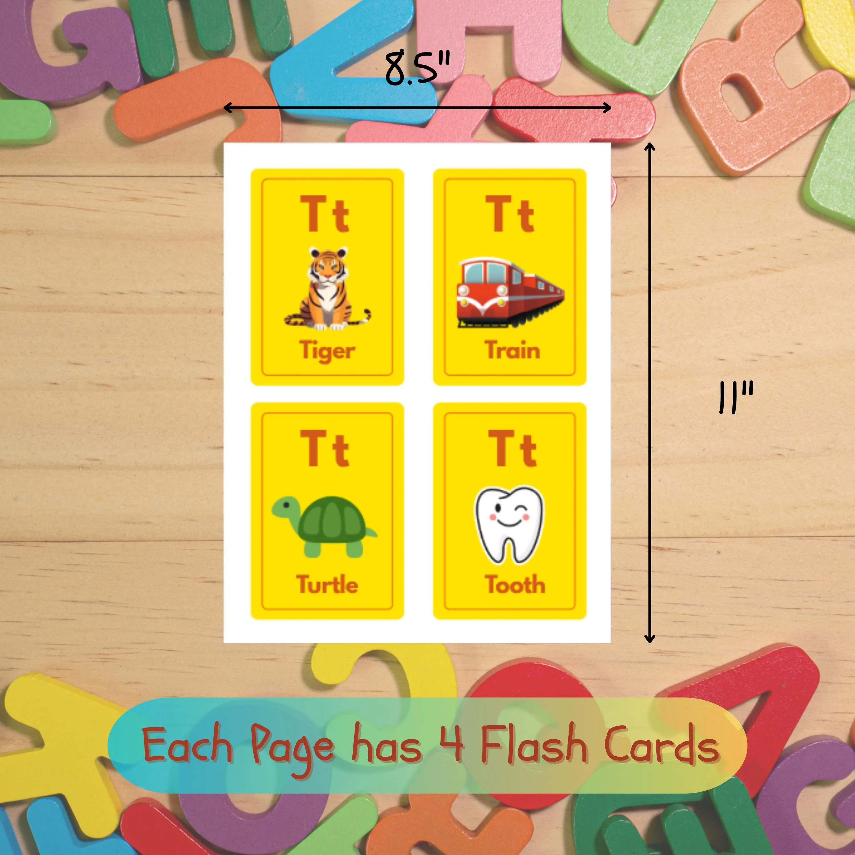 Kids Flashcard, Learning Flash Cards, Preschool Bundle, Flash cards with the letter 'T' and illustrations. The cards are yellow with the letter 'T' in the upper left corner. The illustrations include a tiger, train, turtle, and tooth. The text 'Each Page has 4 Flash Cards' is at the bottom.