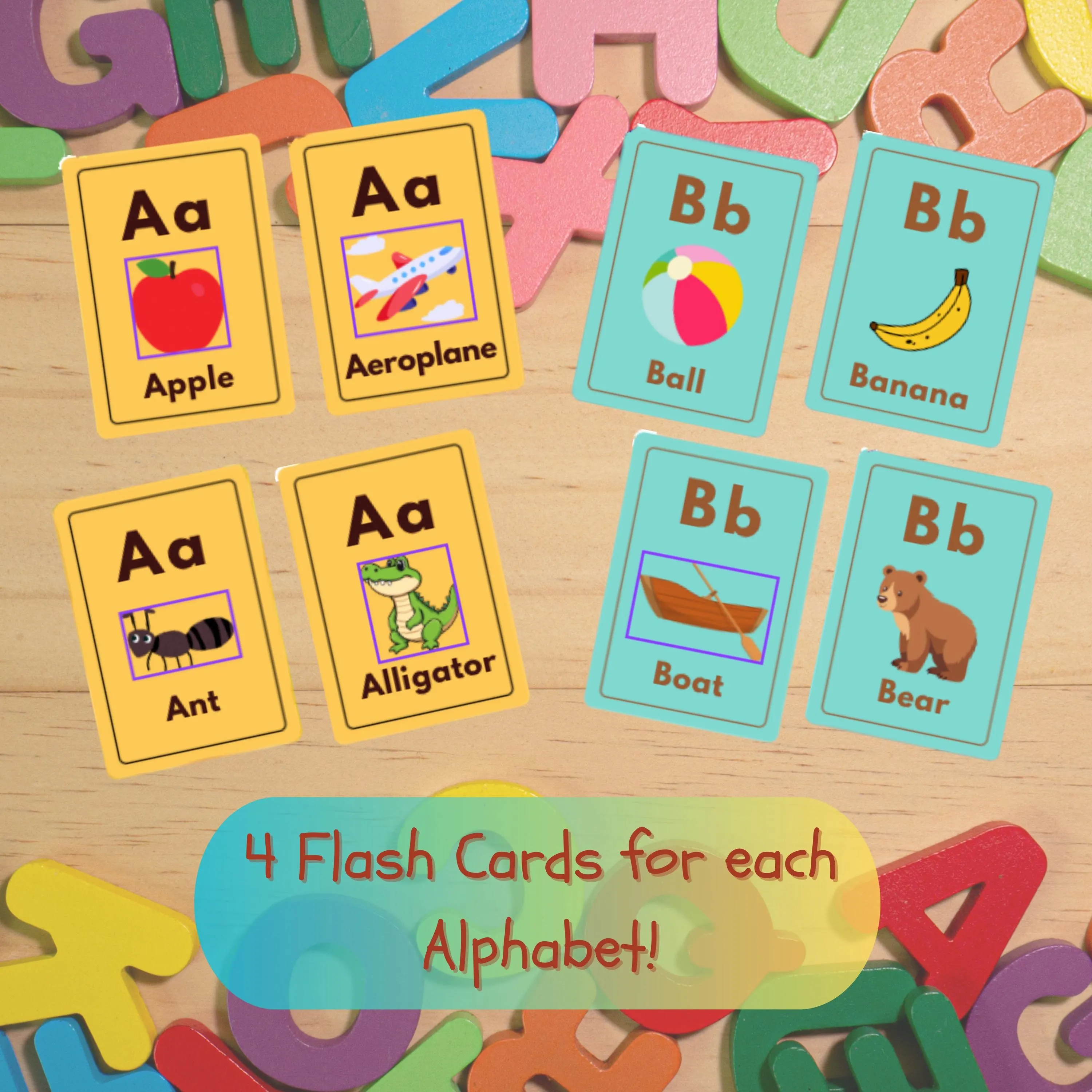 Kids Flashcard, Learning Flash Cards, Preschool Bundle, Educational flashcards for learning the alphabet. The cards are yellow and blue, with images of an apple, airplane, ant, alligator, ball, banana, boat, and bear. Each card displays a letter of the alphabet. The text on the image reads: 4 Flash Cards for each Alphabet!