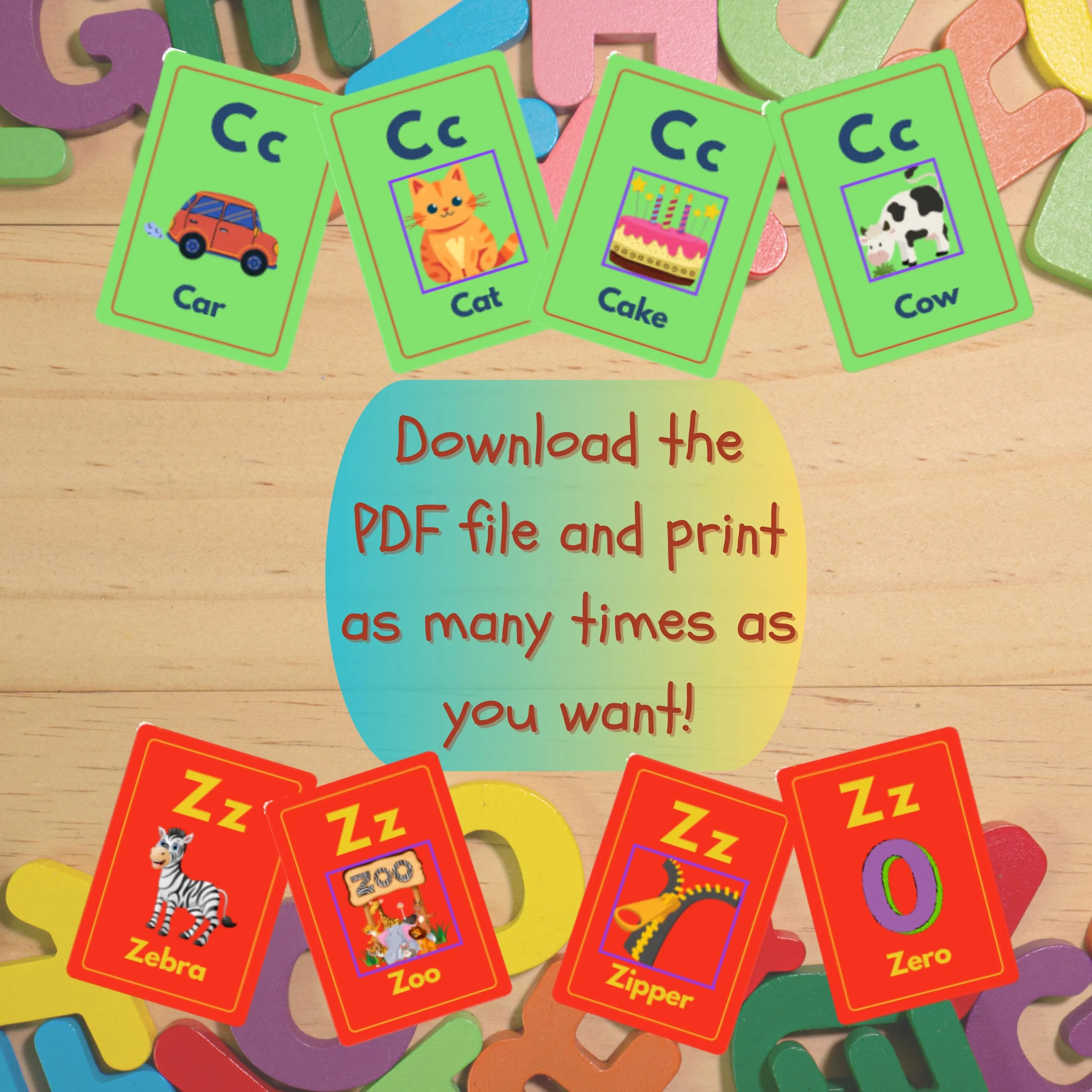 Kids Flashcard, Learning Flash Cards, Preschool Bundle, Educational flashcards featuring the letters 'C' and 'Z' with corresponding images. The 'C' cards display a car, cat, cake, and cow. The 'Z' cards showcase a zebra, zoo, zipper, and zero. The cards are green and red with white text, promoting early literacy and vocabulary building.