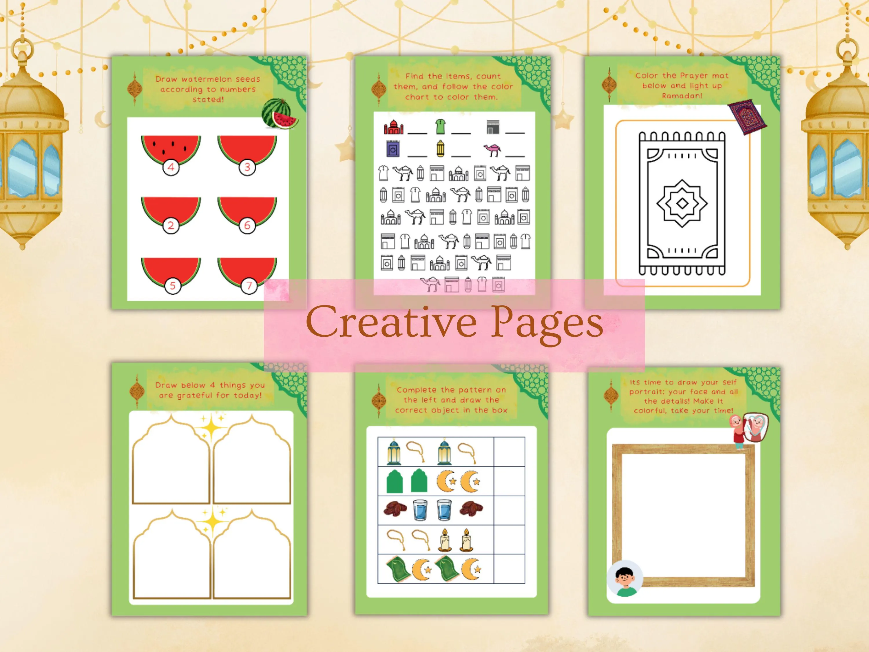 Ramadan activity book for kids printable PDF, Islamic worksheets and coloring pages for Ramadan learning and fun, digital download.