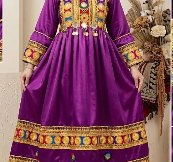 Handmade Afghan Traditional Frock Dress - Purple Silk Hand Embroidery Partywear Shalwar Suit, long maxi - image 3
