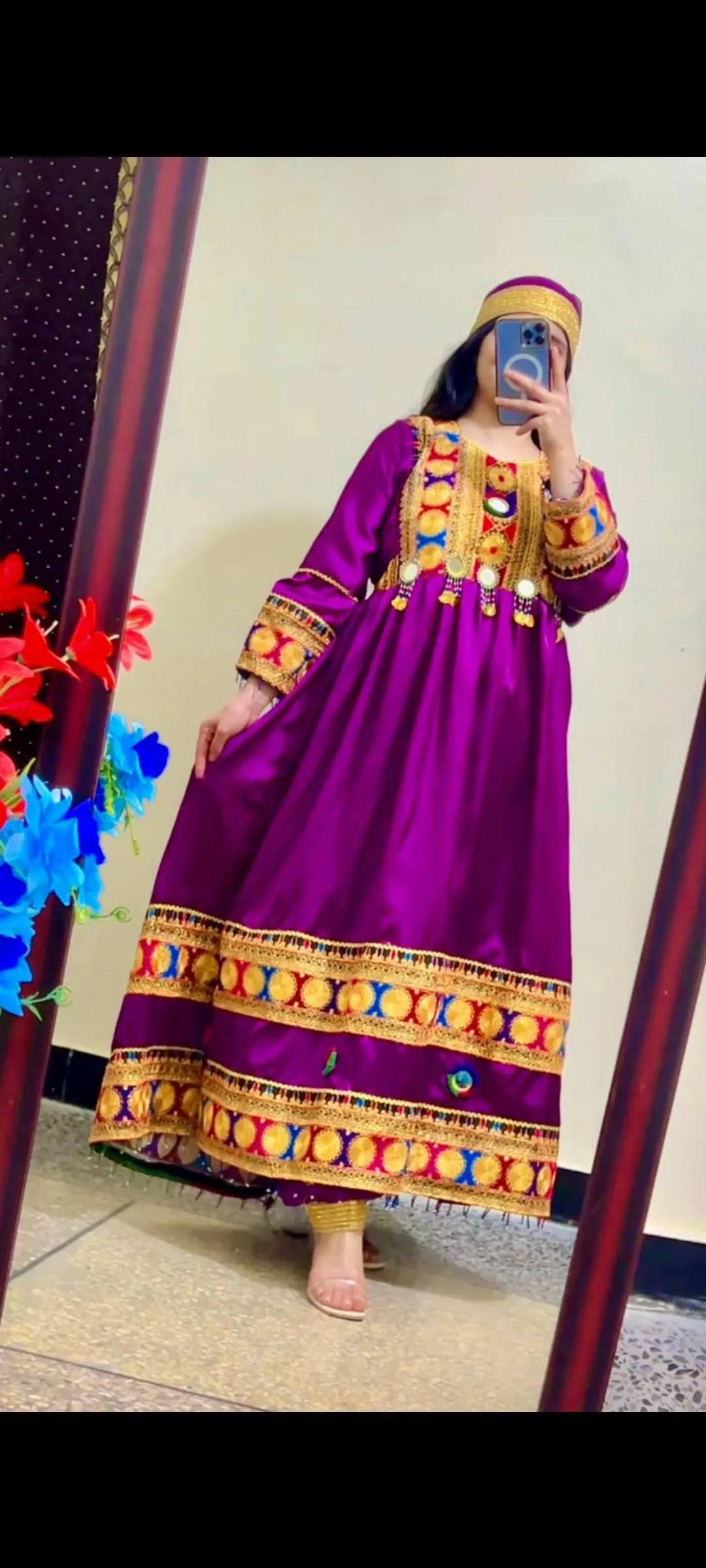 Handmade Afghan Traditional Frock Dress - Purple Silk Hand Embroidery Partywear Shalwar Suit, long maxi - image 4