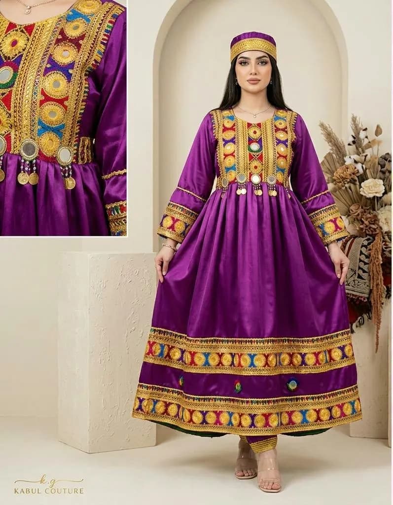 Handmade Afghan Traditional Frock Dress - Purple Silk Hand Embroidery Partywear Shalwar Suit, long maxi - image 5