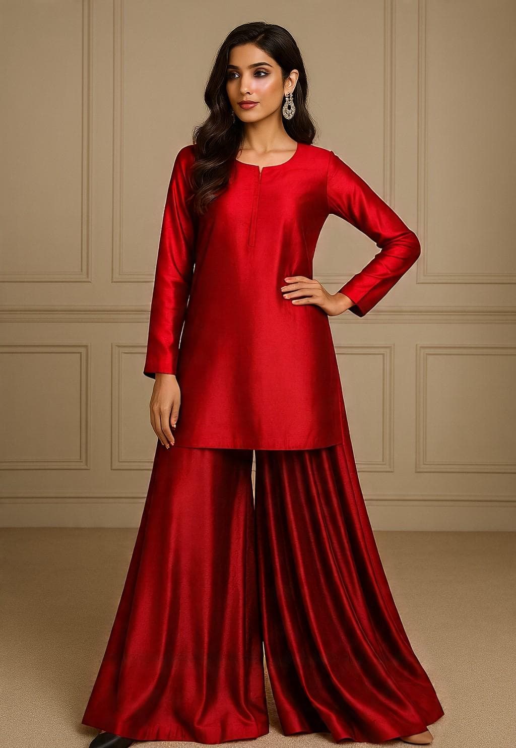 Wide-Leg Silk Shalwar Kameez with Crinkle Chiffon Dupatta | Pakistani Indian Bengali Ethnic Wear for Women & Girls - image 3