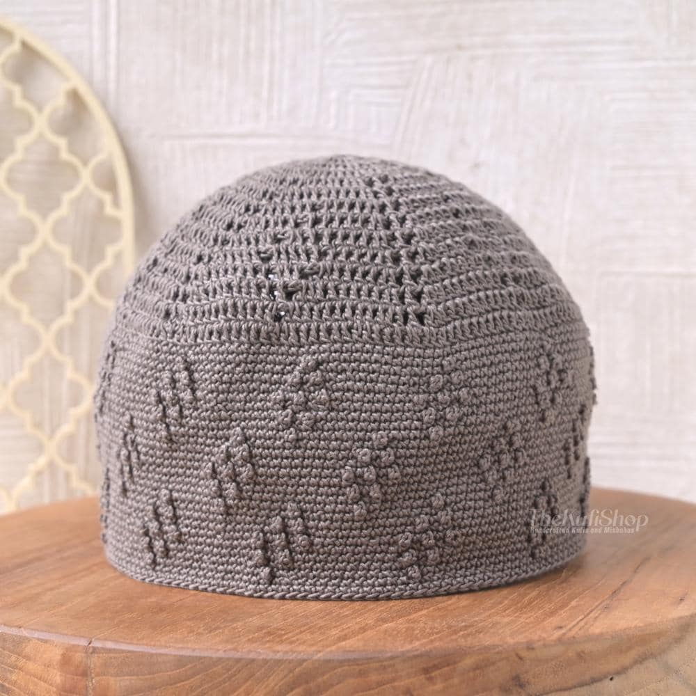 Handcrafted Crochet Kufi Prayer Skull Cap – Rust Brown Stretch Fit Open Weave Islamic Hat w/ Lined Triple Diamond Design - Muslim Head Cover