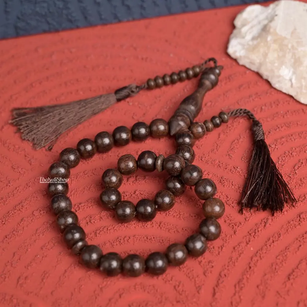 Handcrafted 33 count Islamic Contoured Saucer-shaped 8x11 Prayer Beads - Dark Brown Muslim Tamarind wood Misbaha