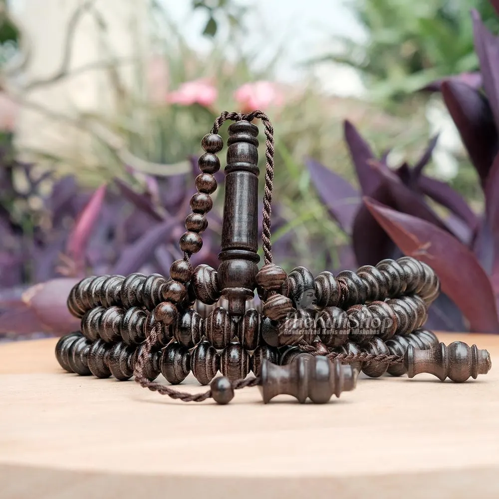 Dark Brown Tamarind wood Misbaha | 99ct Islamic Contoured Saucer-shaped 8x11 Prayer Beads - Handcrafted Tasbih Fit Over Head Gift Boxed - image 5
