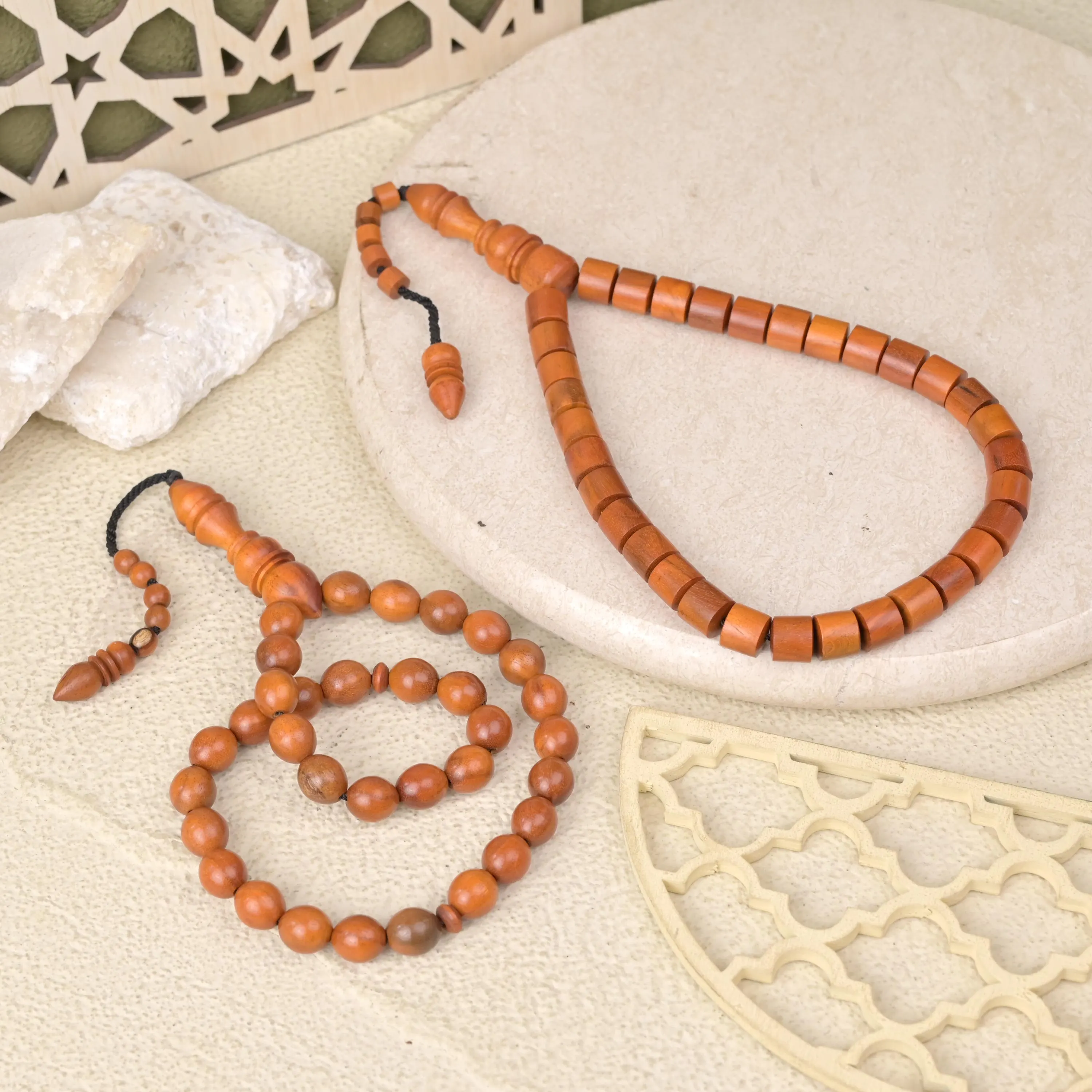 Handcrafted Secang Wood Tasbih 33ct - Orange Long Oval & Barrel-shaped Wooden Prayer Beads Gift Box