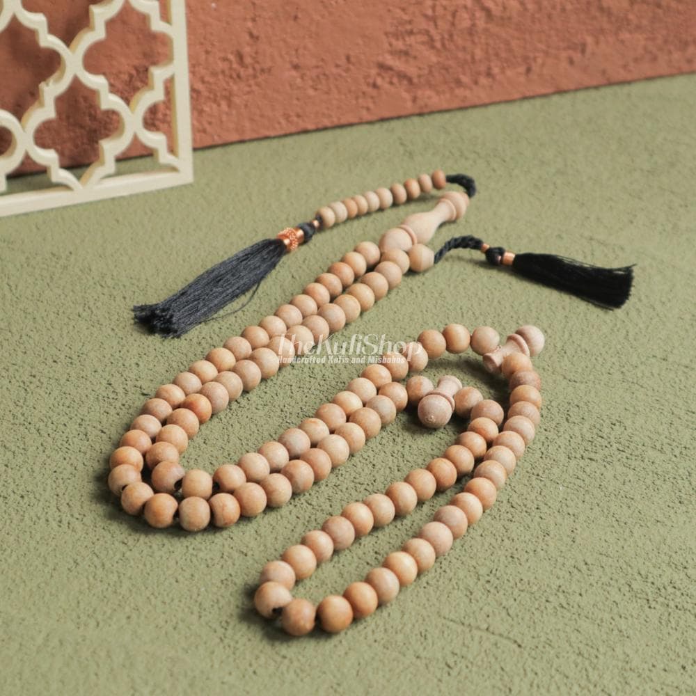 Islamic Prayer Beads - Handcrafted Natural Scent Sandalwood 99ct Misbaha 7 mm Tasbih Sibha - 10-Bead Markers & Black Tassels in GIFT BOX