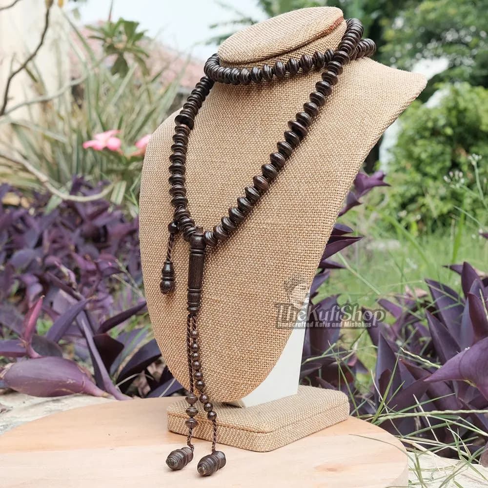 Dark Brown Tamarind wood Misbaha | 99ct Islamic Contoured Saucer-shaped 8x11 Prayer Beads - Handcrafted Tasbih Fit Over Head Gift Boxed - image 4