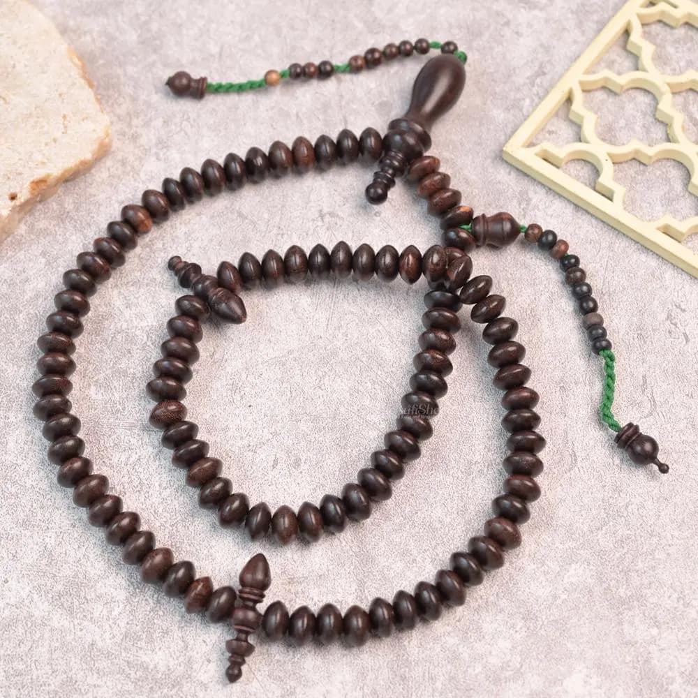 Tamarind Wood Misbaha 99 Bead - 8x12mm Oval Islamic Prayer Beads - Handmade Wooden Tasbih Gift Box