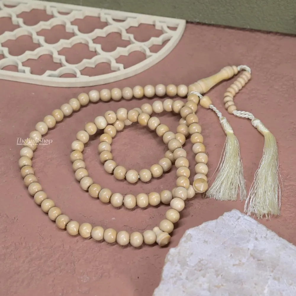 Natural Yellow Citrus Wood Islamic Tasbih | 99ct 8-mm Round Beads - 2 Matching Yellow Tassels - Adjustable Tension Muslim Misbaha