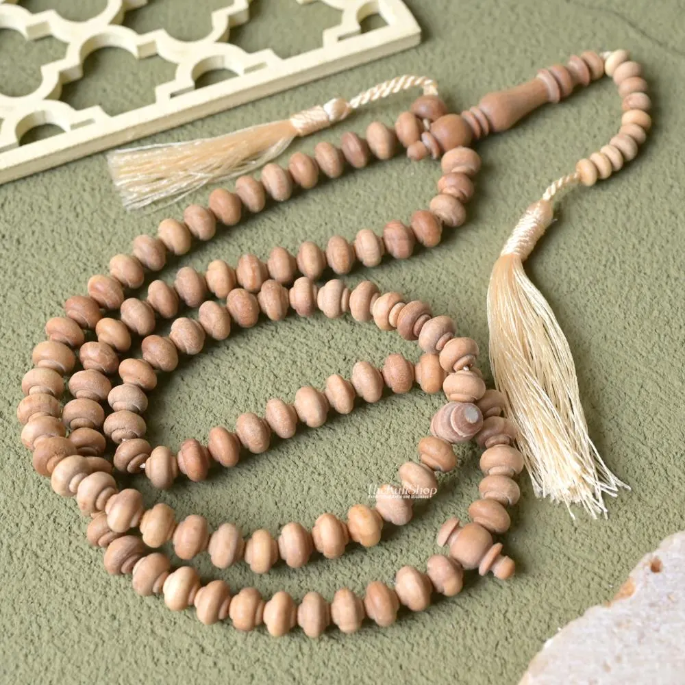 Sandalwood Muslim Misbaha Prayer Beads - 9 mm Contoured Naturally Scented Wood with Beige Tassels - 99ct Tasbih Durable Lifetime Warranty