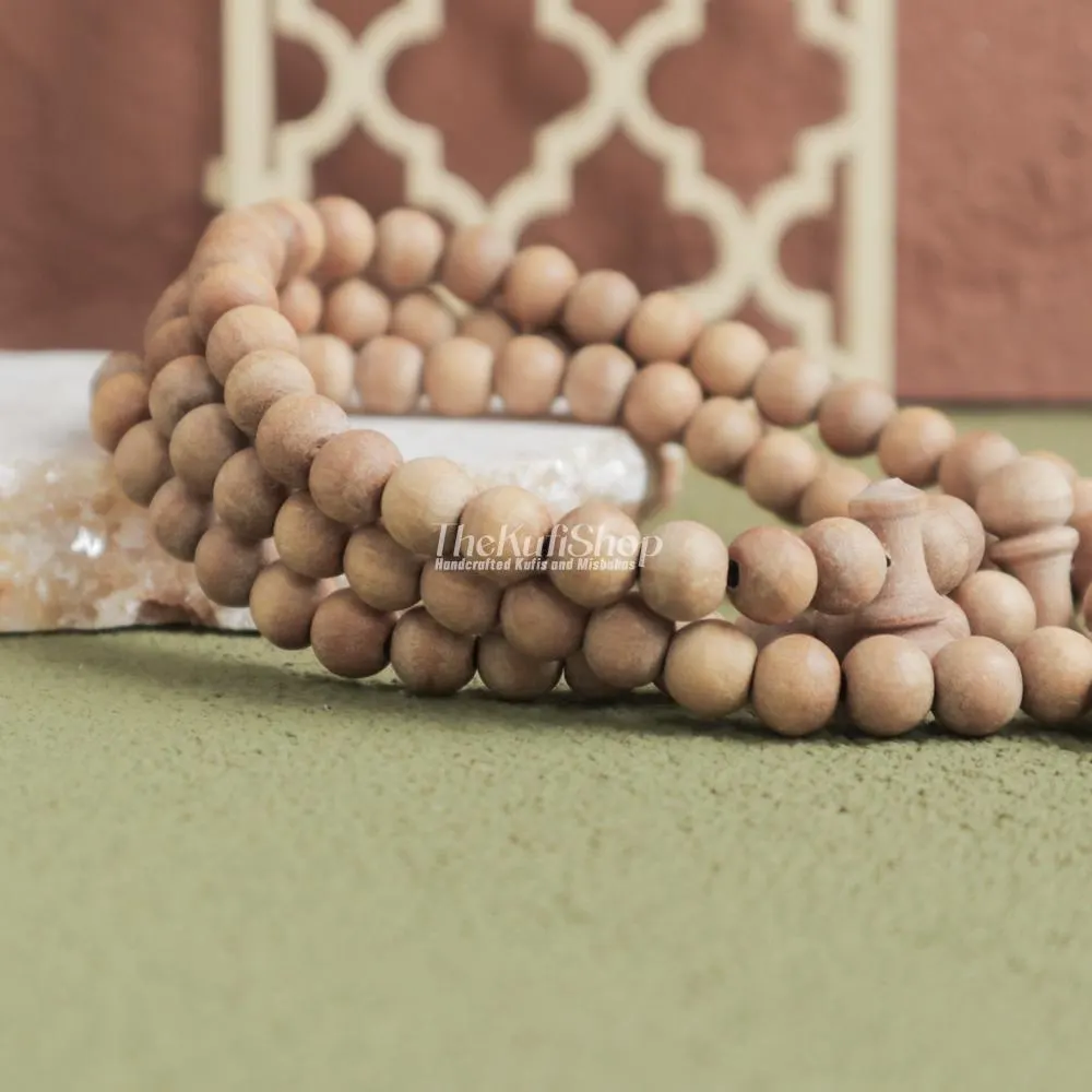 Islamic Prayer Beads - Handcrafted Natural Scent Sandalwood 99ct Misbaha 7 mm Tasbih Sibha - 10-Bead Markers & Black Tassels in GIFT BOX - image 3