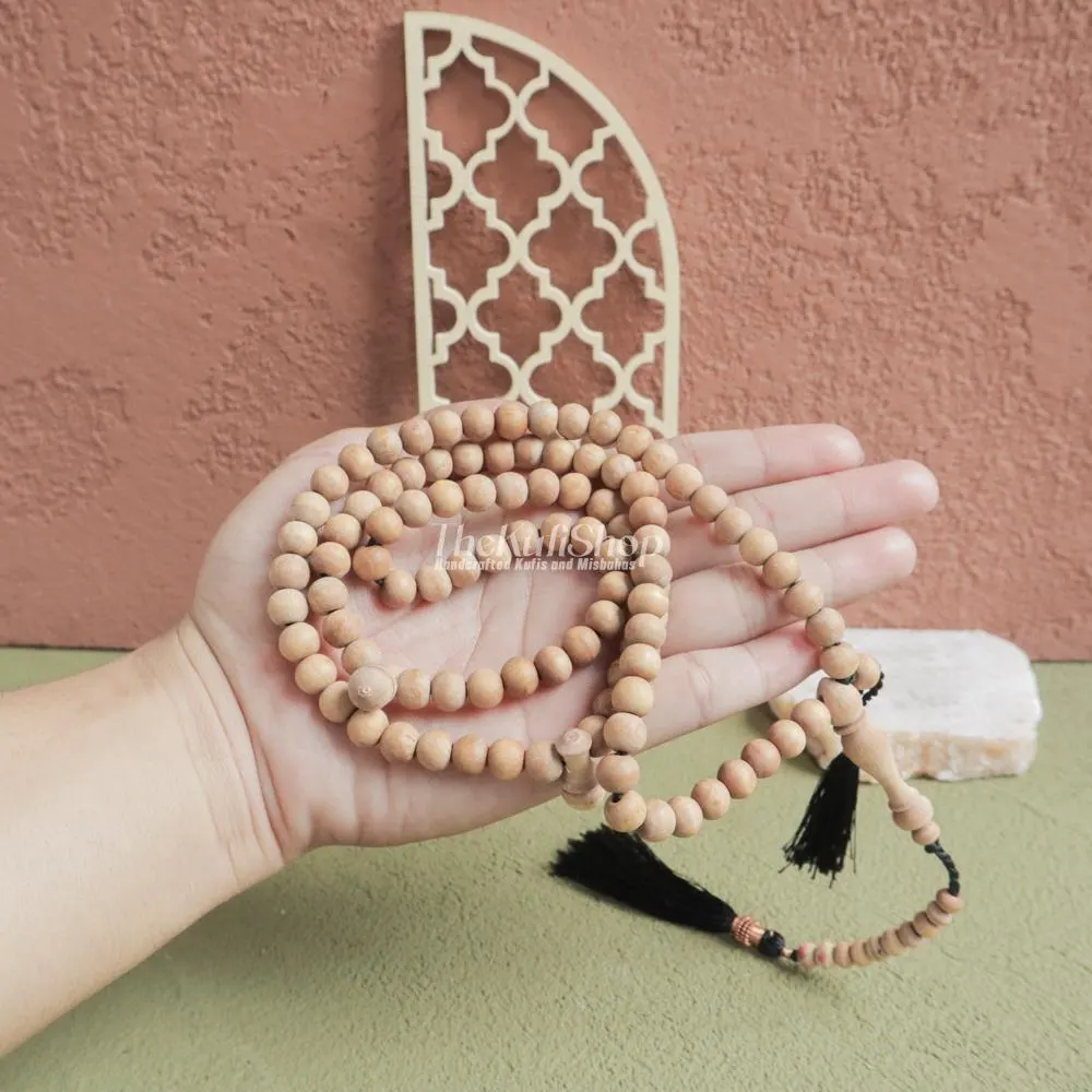 Islamic Prayer Beads - Handcrafted Natural Scent Sandalwood 99ct Misbaha 7 mm Tasbih Sibha - 10-Bead Markers & Black Tassels in GIFT BOX - image 5