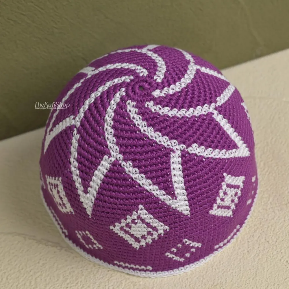 Hand Crocheted Purple Muslim Kufi Skull Cap | 100% Cotton Prayer Hat | Spiral Diamond Pattern | Taqiyah Peci Kopiah