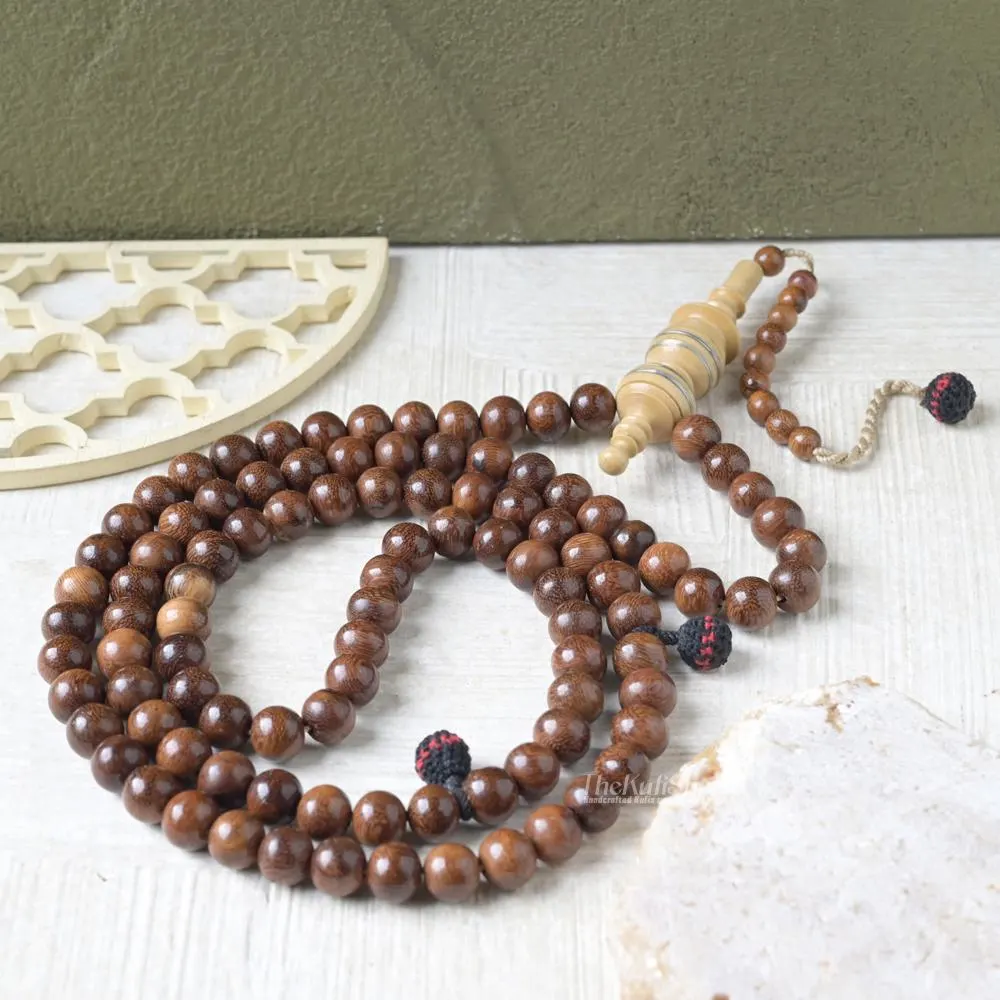 Authentic Moringa Wood Prayer Beads 100 Count - 11mm Round Dark Brown Tasbih with Unique Engraved Alif and Black Yarn Divider Gift Boxed