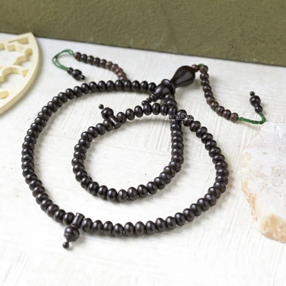 Tamarind Wood Islamic Misbaha 99 Beads – Handcrafted 6x8mm Flat-Oval Dhikr Prayer Beads Necklace - 99 Count Islamic Dhikr Sibha Gift Boxed